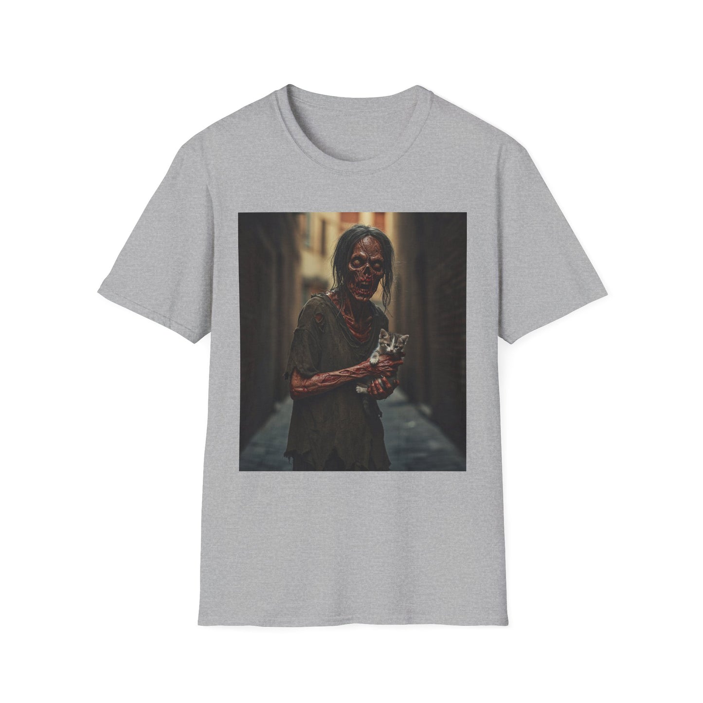 Zombie Cat Lover Apocalyptic Portrait Tee, bold, decaying zombie graphic