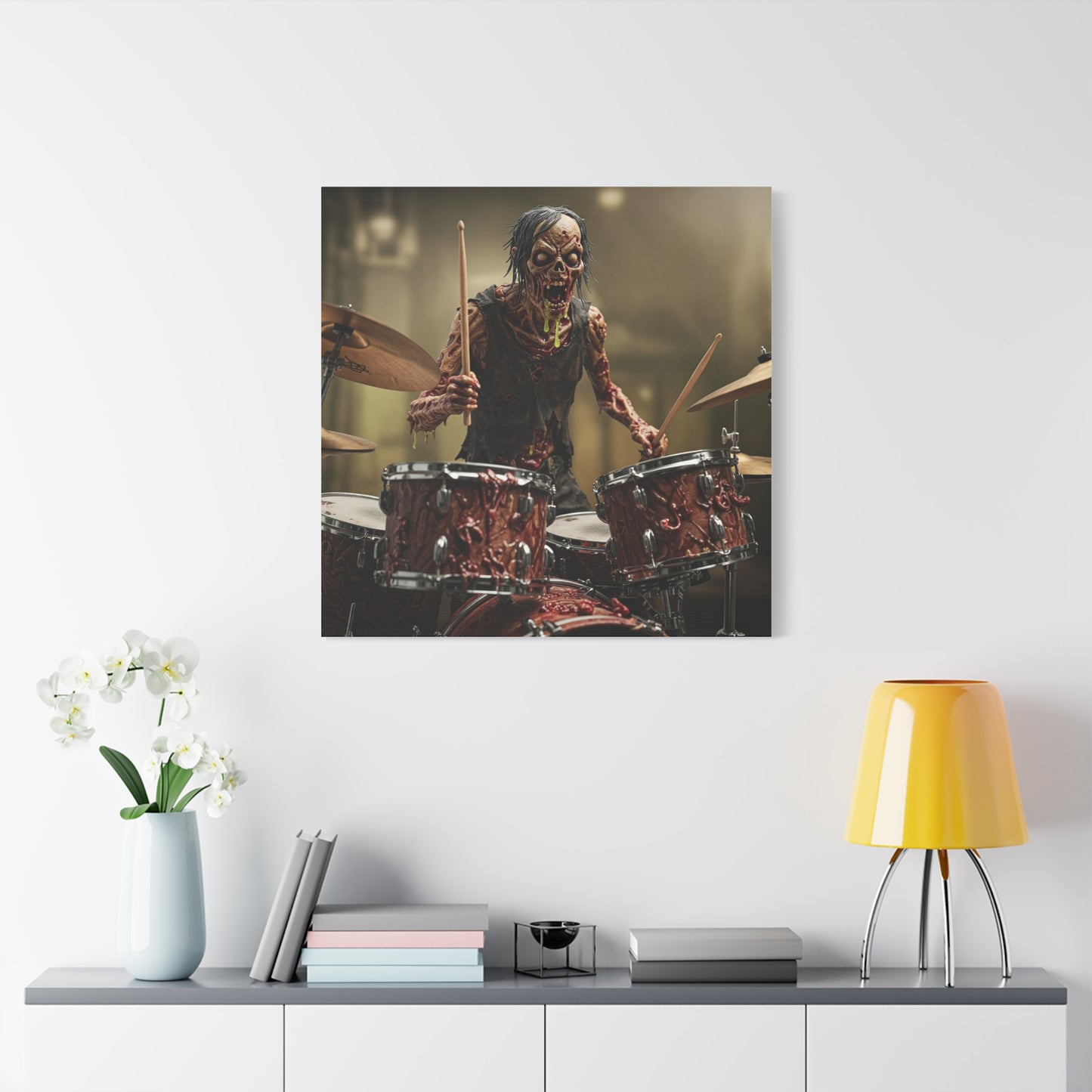 Zombie Drummer Canvas Wall Art - Spooky Horror Decor for Music Lovers