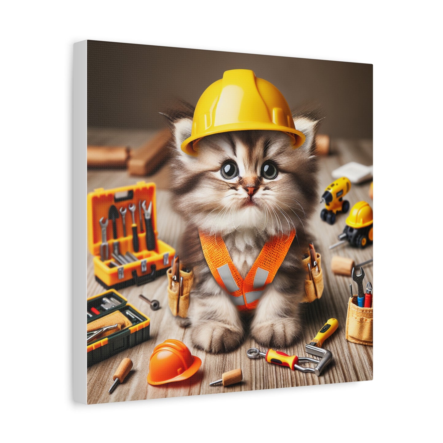Cute Cat Construction Canvas Art - 12x12 Stretched Matte Wall Decor