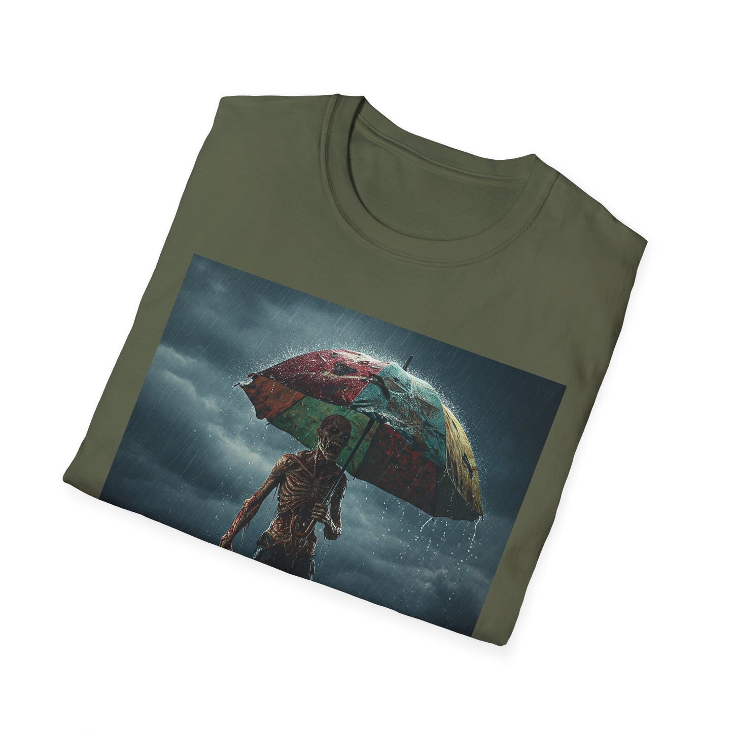 Unisex Softstyle T-Shirt - Creepy Skeleton with Umbrella Design - Perfect for Halloween