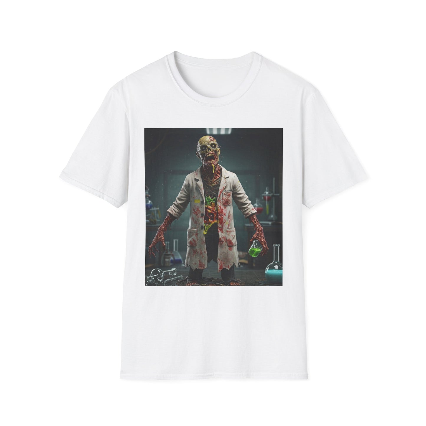 Zombie Scientist Unisex Softstyle T-Shirt - Perfect for Halloween and Horror Fans