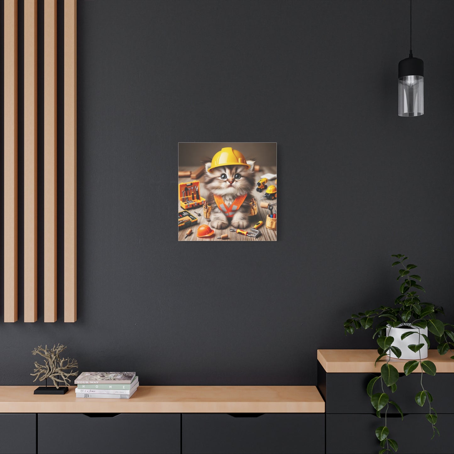 Cute Cat Construction Canvas Art - 12x12 Stretched Matte Wall Decor