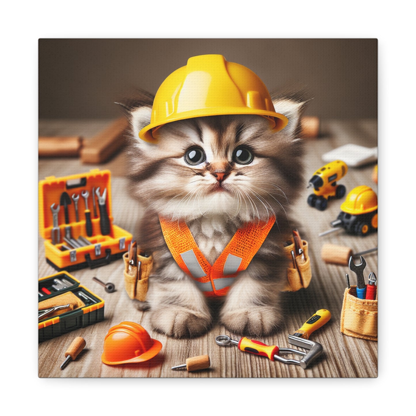 Cute Cat Construction Canvas Art - 12x12 Stretched Matte Wall Decor