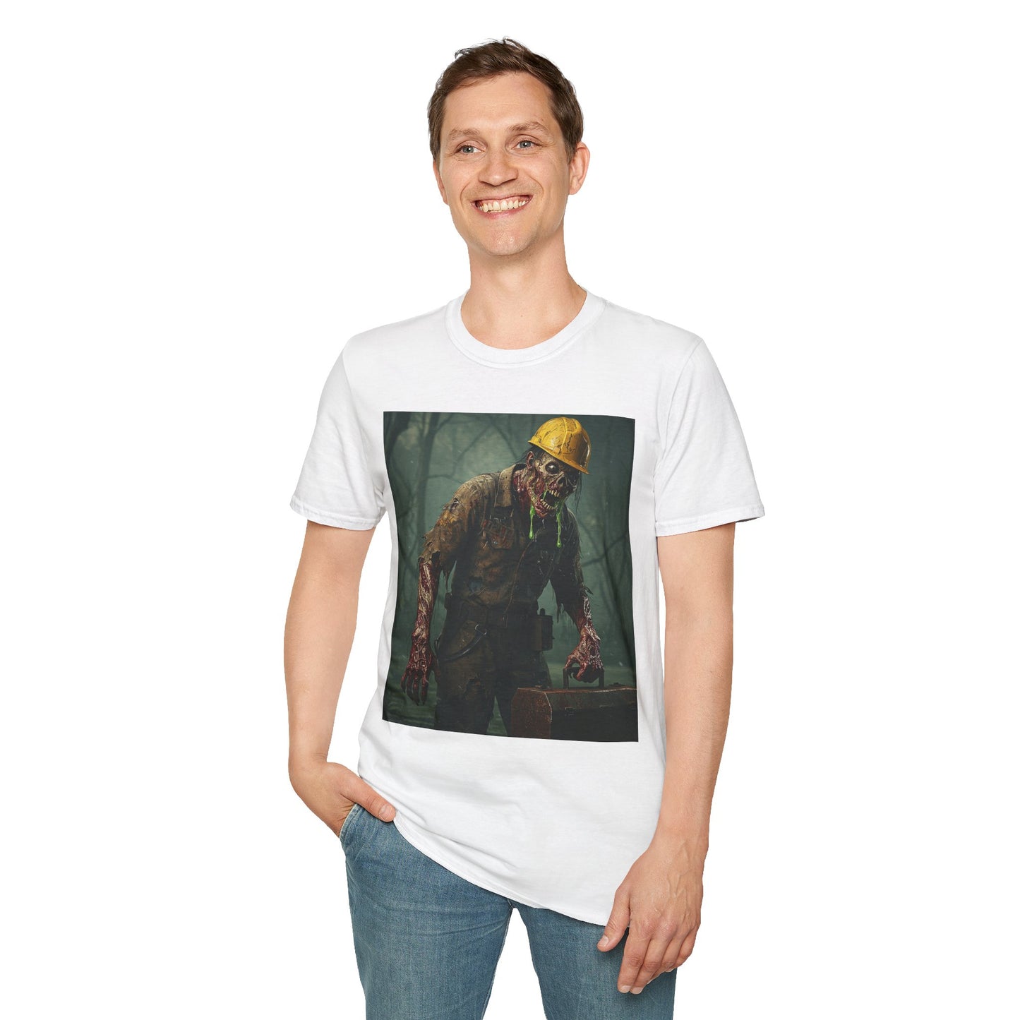 Zombie Construction Worker Unisex Softstyle T-Shirt | Spooky Halloween Apparel