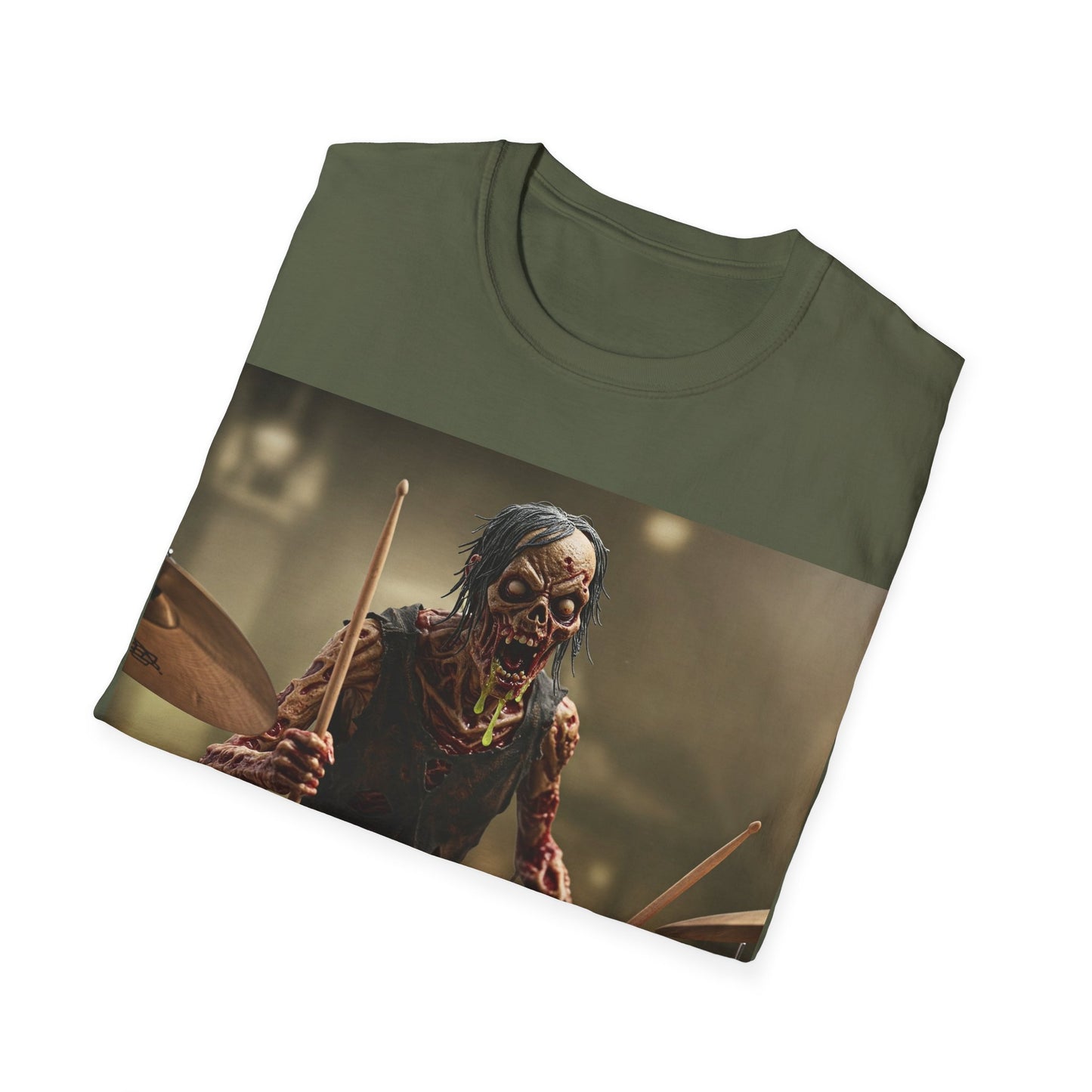 UK - Zombie Drummer Unisex Softstyle T-Shirt - Perfect for Music Lovers and Halloween