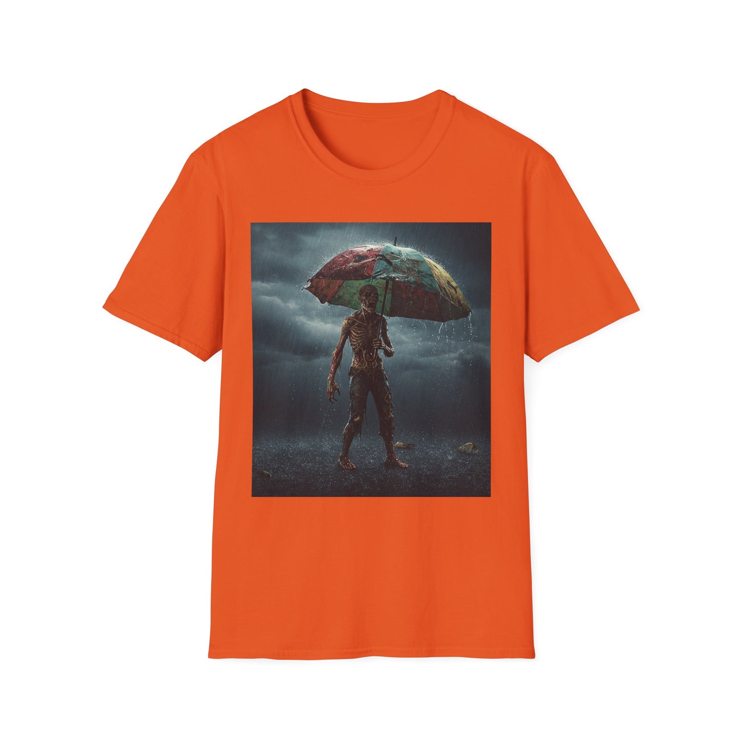 Unisex Softstyle T-Shirt - Creepy Skeleton with Umbrella Design - Perfect for Halloween