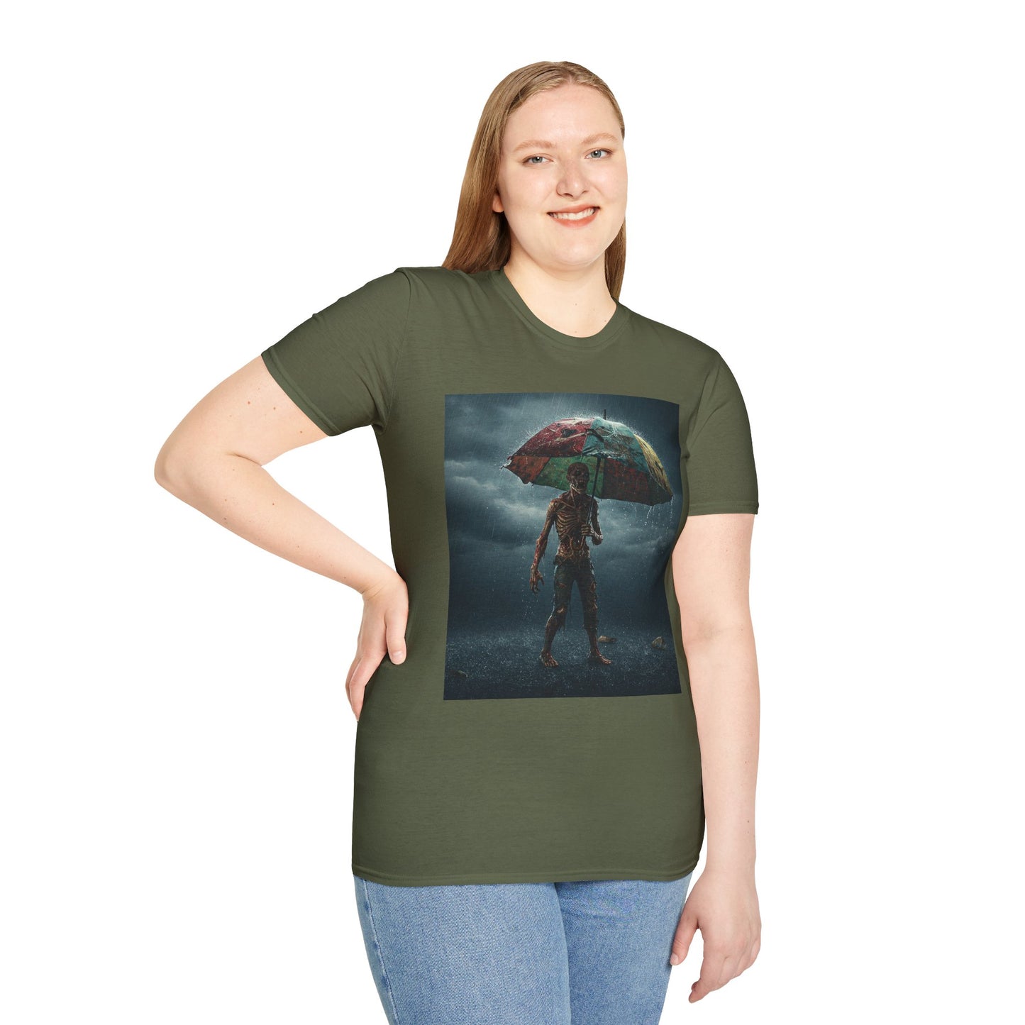 Unisex Softstyle T-Shirt - Creepy Skeleton with Umbrella Design - Perfect for Halloween