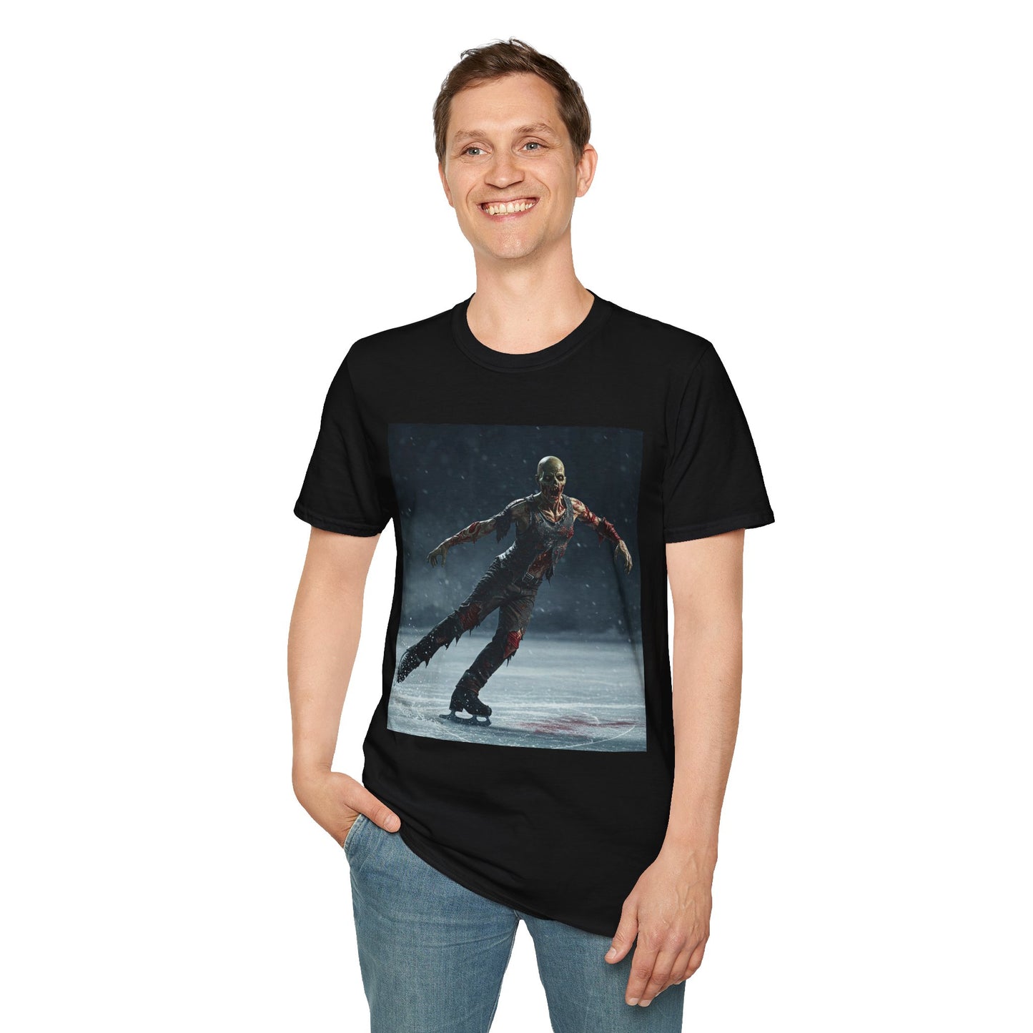Chilling Thriller Unisex Softstyle T-Shirt - Ice Skating Horror Design