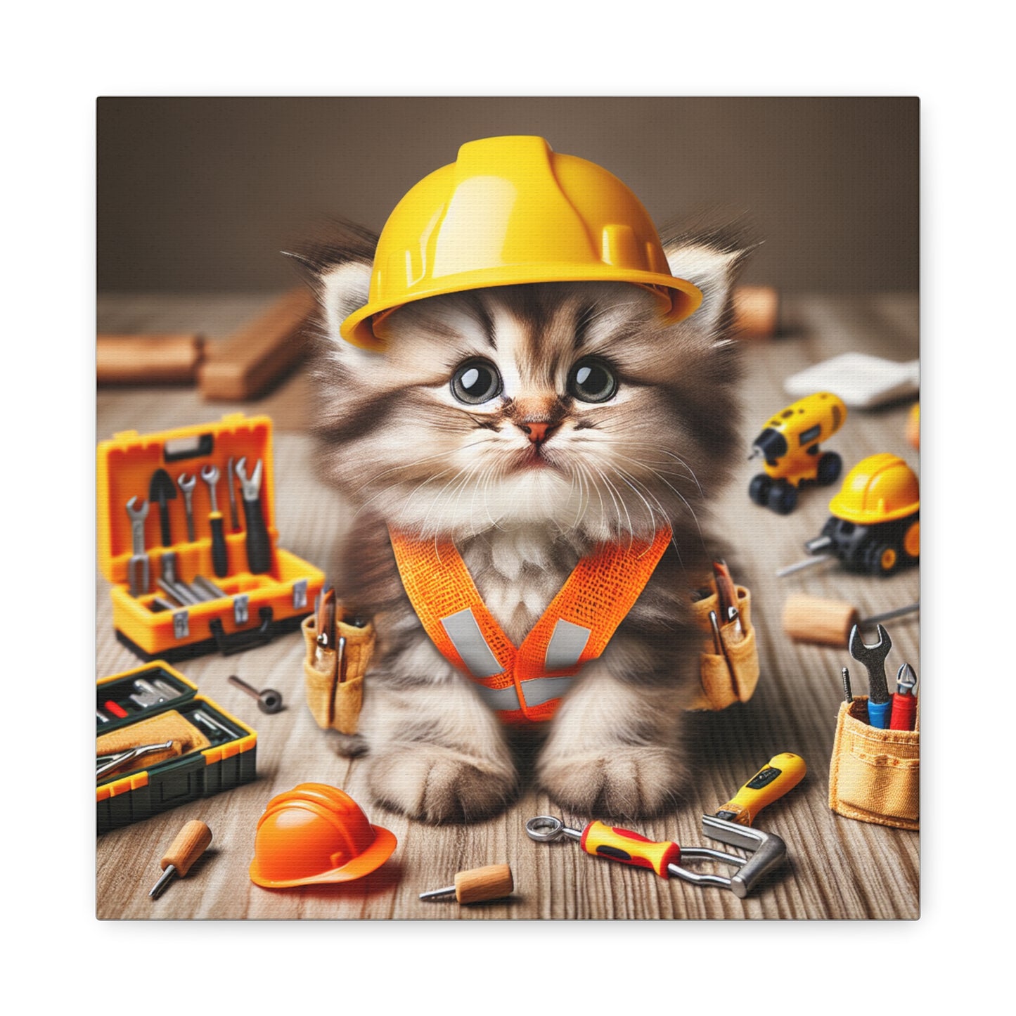 Cute Cat Construction Canvas Art - 12x12 Stretched Matte Wall Decor
