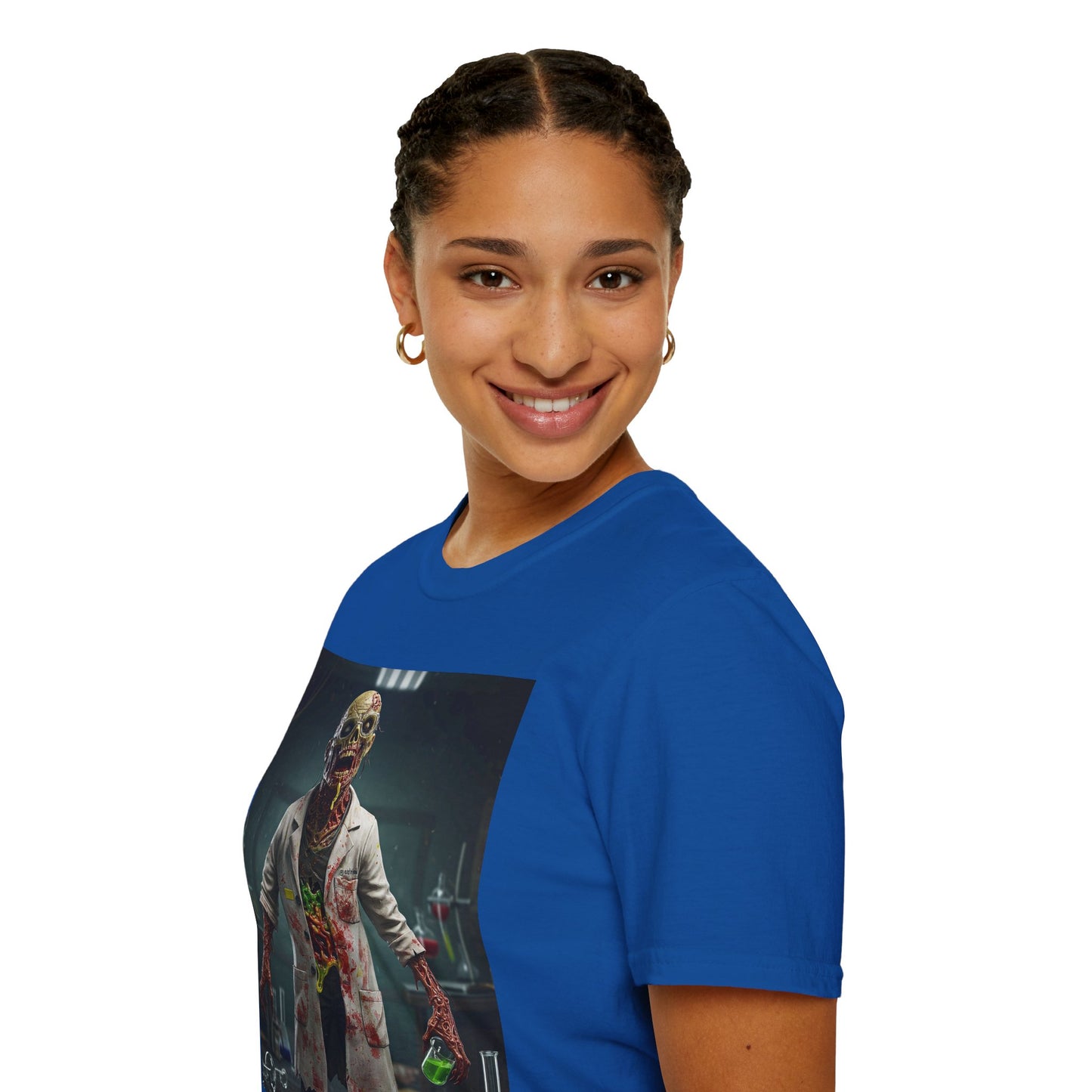 Zombie Scientist Unisex Softstyle T-Shirt - Perfect for Halloween and Horror Fans