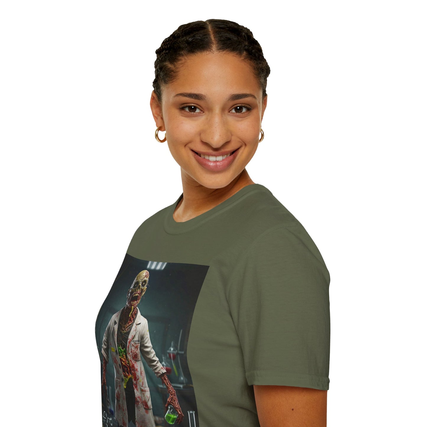 Zombie Scientist Unisex Softstyle T-Shirt - Perfect for Halloween and Horror Fans