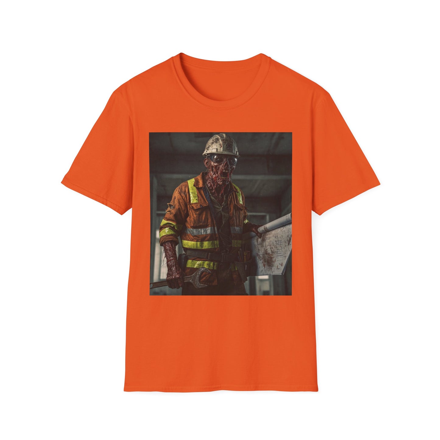 Creepy Construction Worker Graphic Tee | Unisex Softstyle T-Shirt | Perfect for Halloween and Horror Fans