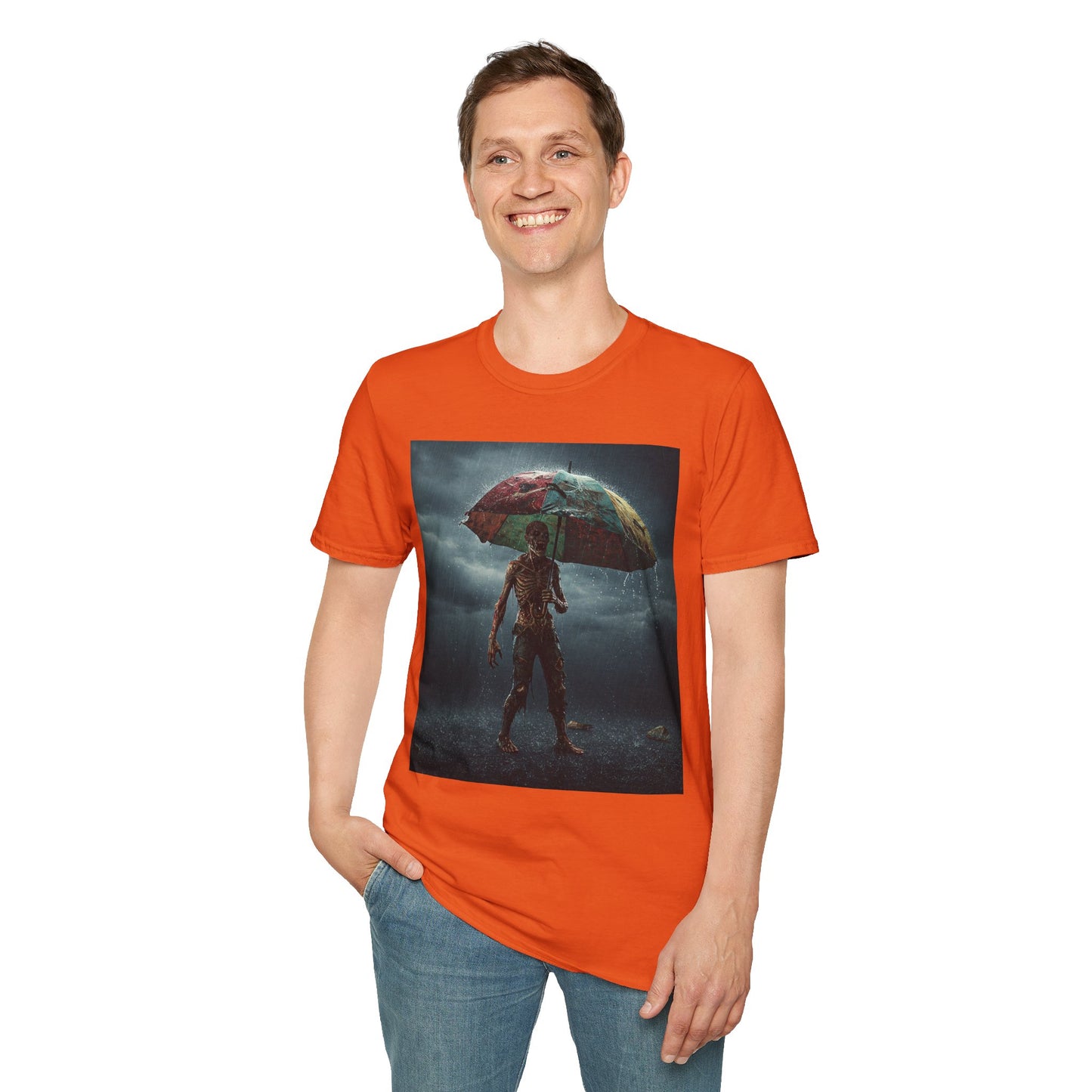 Unisex Softstyle T-Shirt - Creepy Skeleton with Umbrella Design - Perfect for Halloween