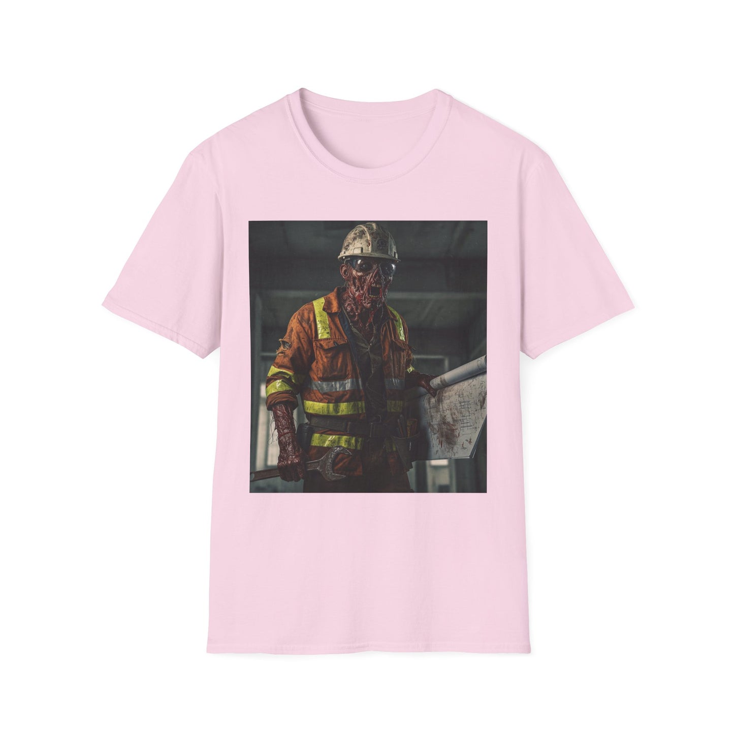 Creepy Construction Worker Graphic Tee | Unisex Softstyle T-Shirt | Perfect for Halloween and Horror Fans