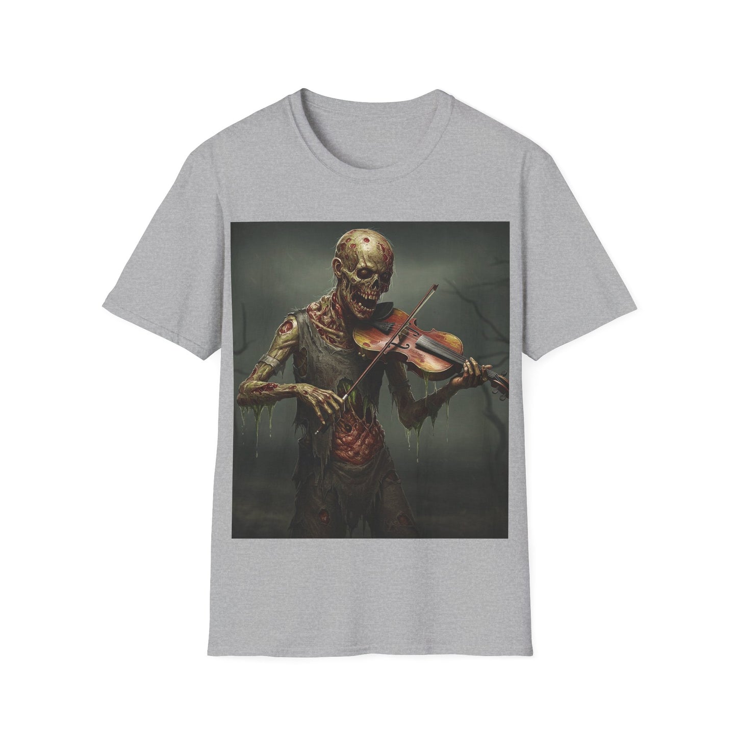 UK - Spooky Zombie Violinist Apocalyptic Portrait Tee, bold, decaying zombie graphic