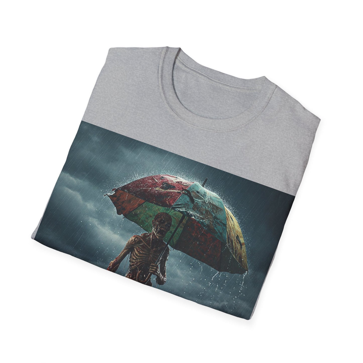 UK - Unisex Softstyle T-Shirt - Creepy Skeleton with Umbrella Design - Perfect for Halloween