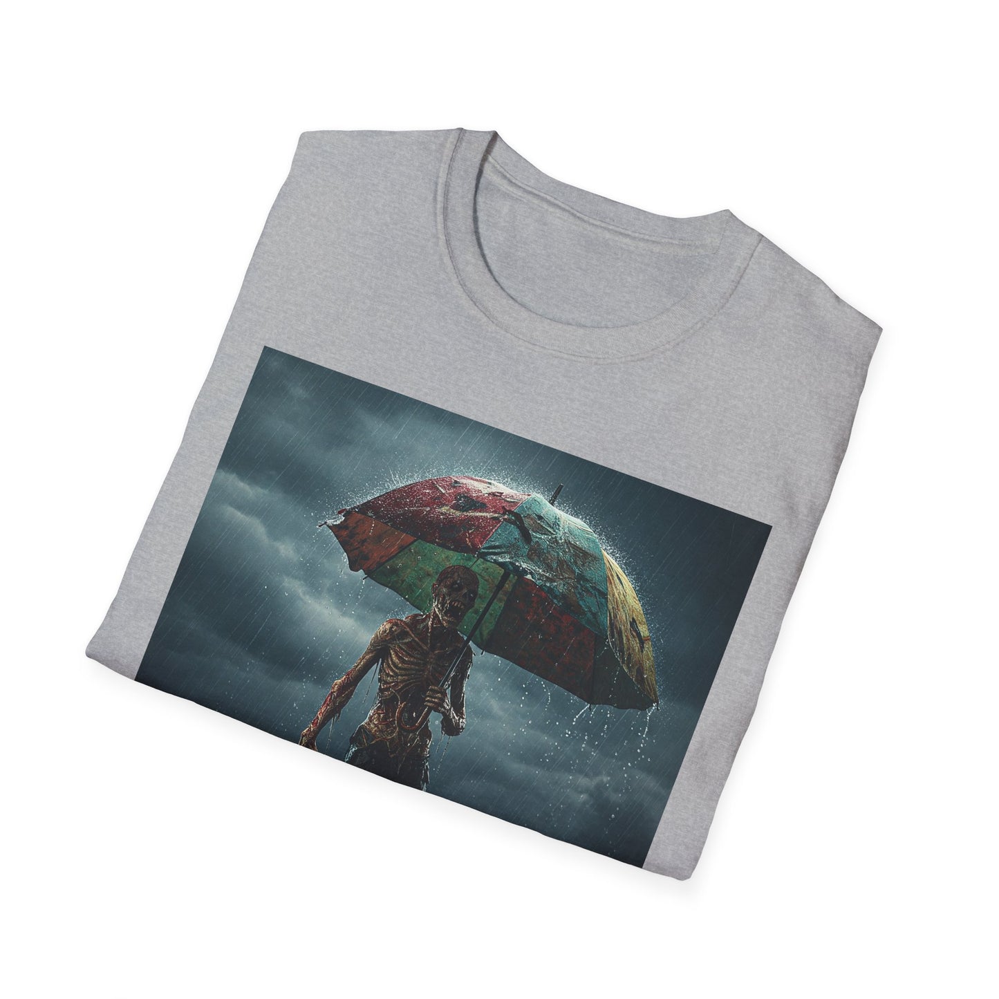 Unisex Softstyle T-Shirt - Creepy Skeleton with Umbrella Design - Perfect for Halloween