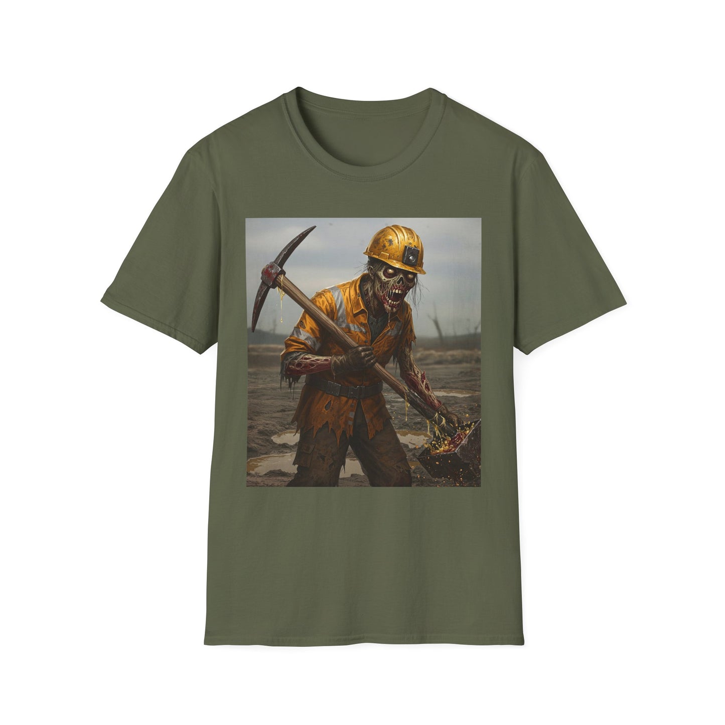 Zombie Miner Unisex Softstyle T-Shirt | Spooky Graphic Tee for Horror Fans