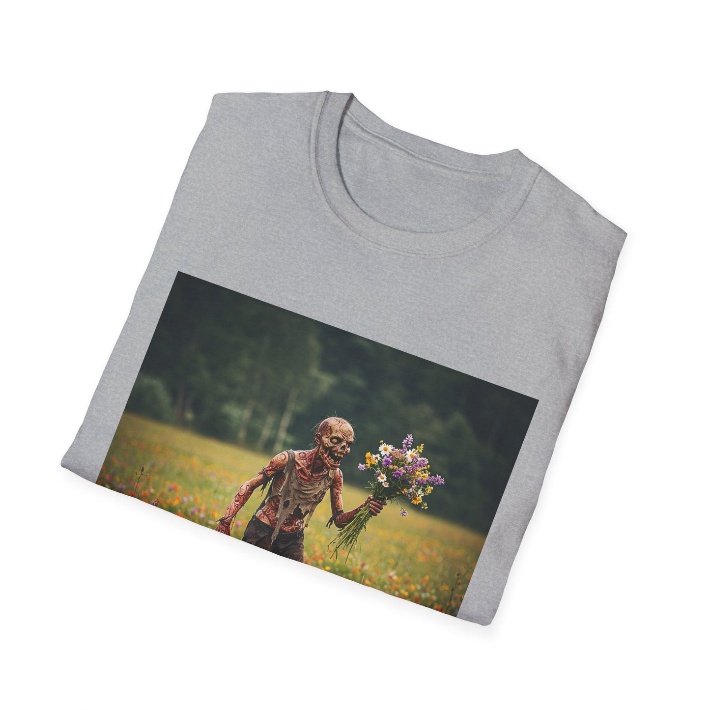 Zombie in Bloom Unisex Softstyle T-Shirt – Perfect for Halloween and Unique Gift Ideas