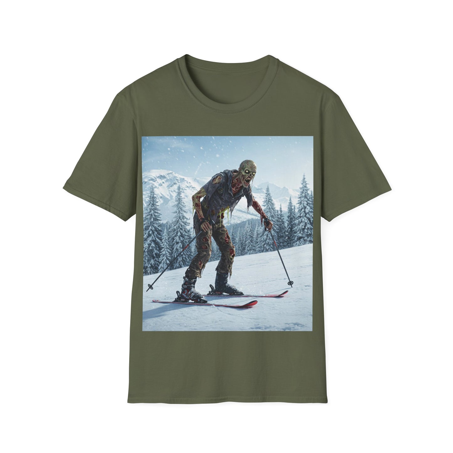 UK - Skiing Zombie Unisex Softstyle T-Shirt - Perfect for Winter Fun & Halloween Enthusiasts