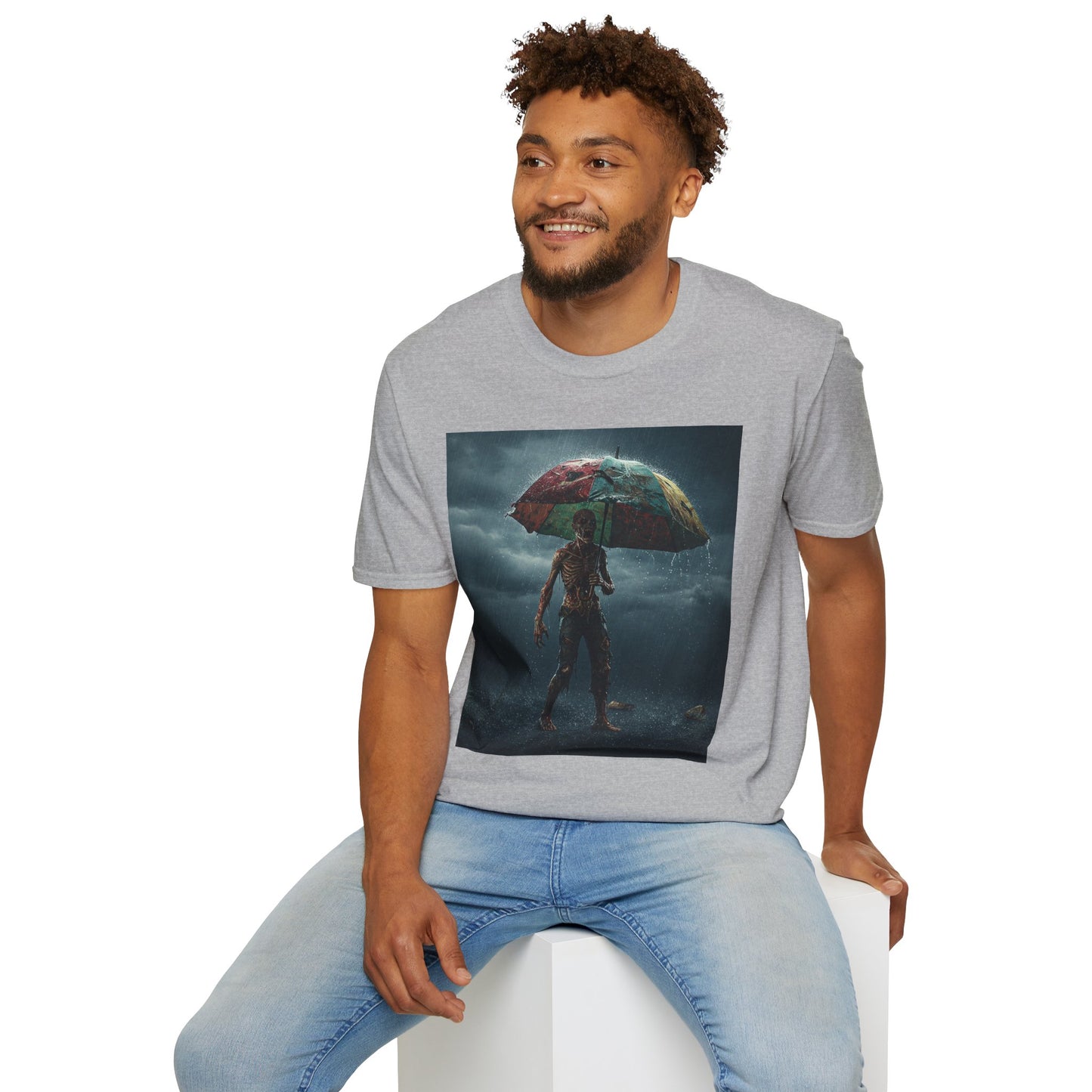 Unisex Softstyle T-Shirt - Creepy Skeleton with Umbrella Design - Perfect for Halloween