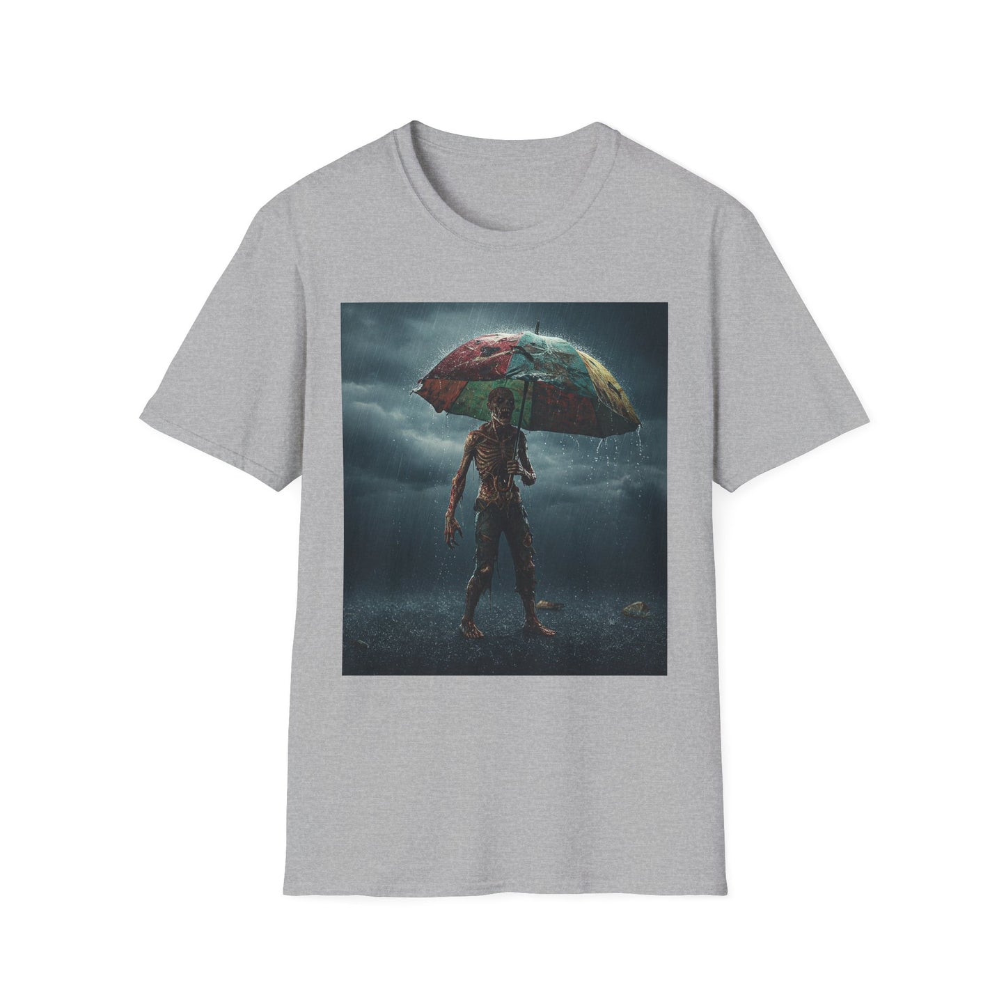 Unisex Softstyle T-Shirt - Creepy Skeleton with Umbrella Design - Perfect for Halloween