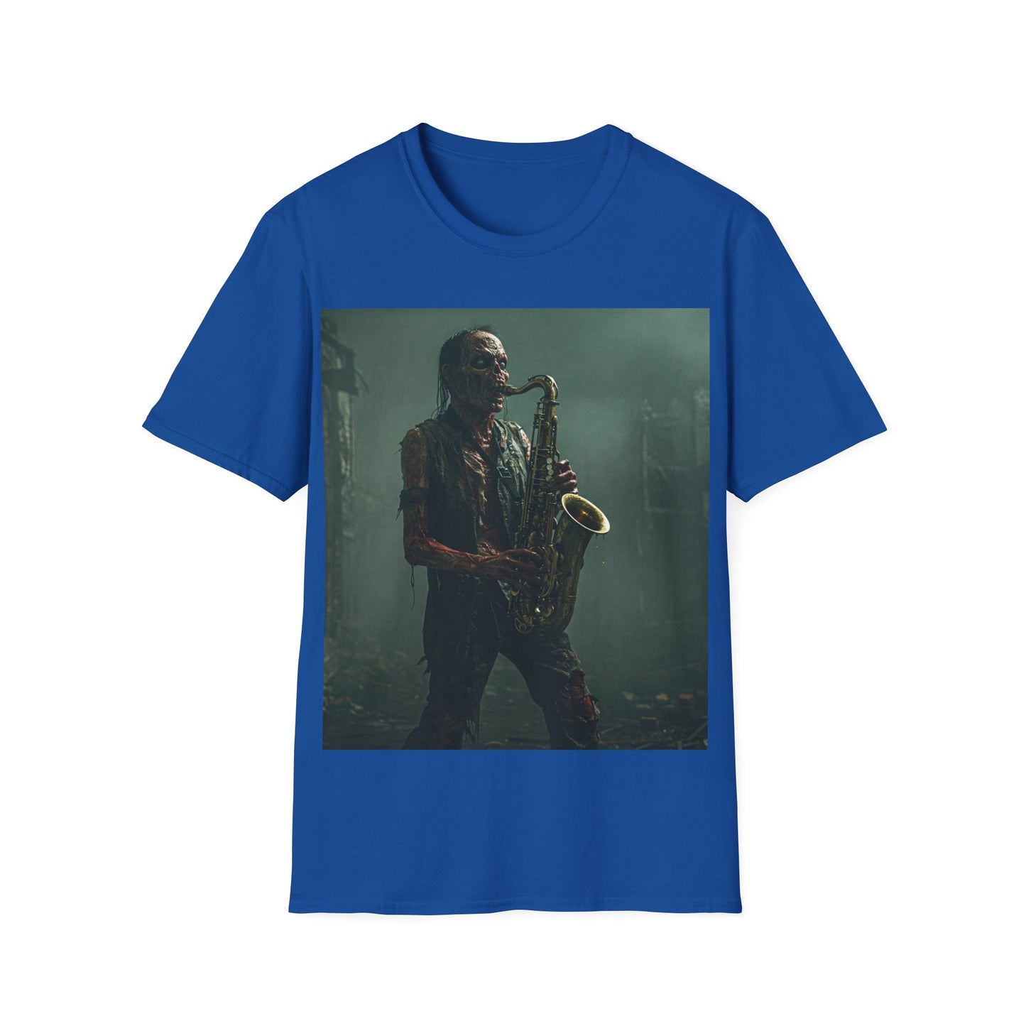 UK - Zombie Jazz Musician Apocalyptic Portrait Tee, bold, decaying zombie graphic