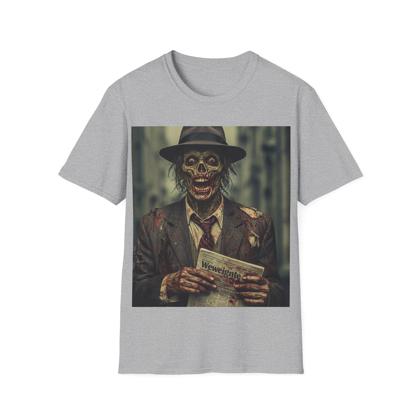 UK - Skeleton News Reporter Unisex Softstyle T-Shirt - Spooky Halloween Vibe