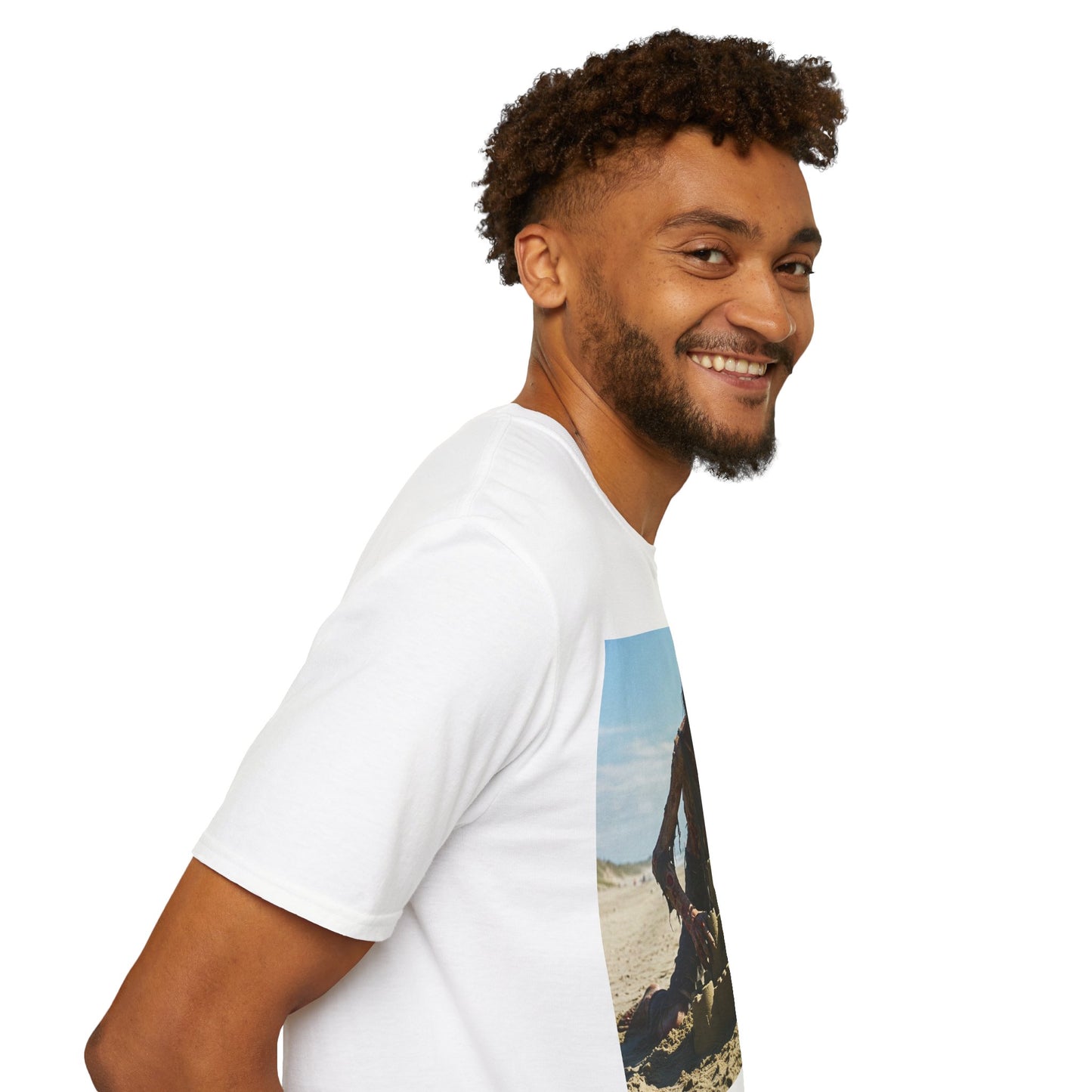Zombie Sandcastle Unisex Softstyle T-Shirt | Fun Beach Horror Tee