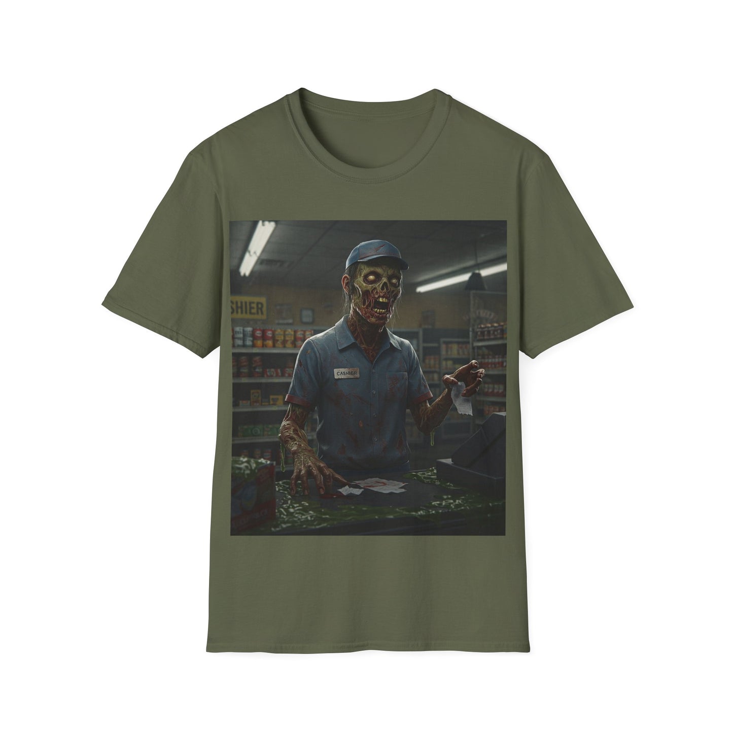 UK - Horror-Inspired Unisex Softstyle T-Shirt - Creepy Grocery Clerk Design