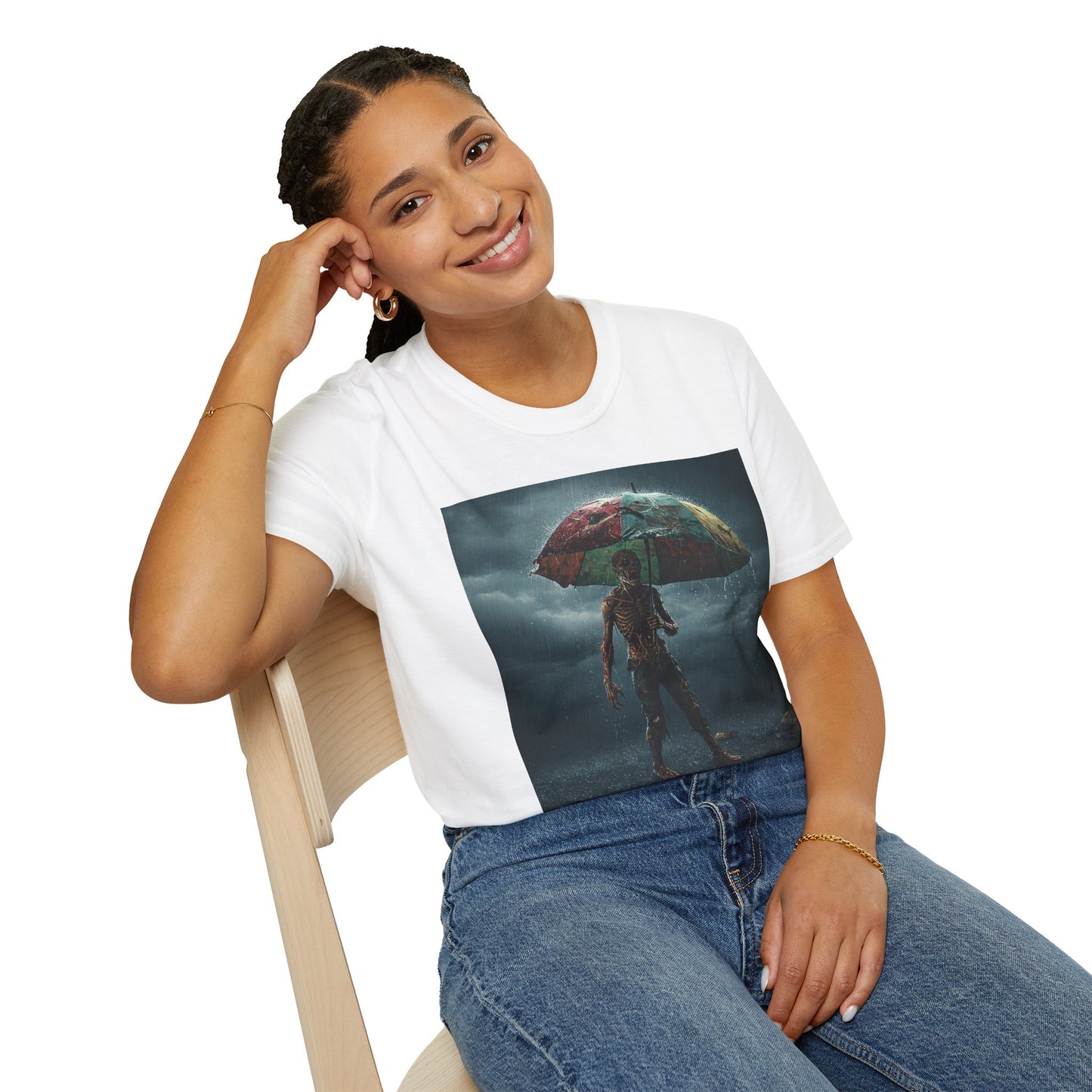 Unisex Softstyle T-Shirt - Creepy Skeleton with Umbrella Design - Perfect for Halloween