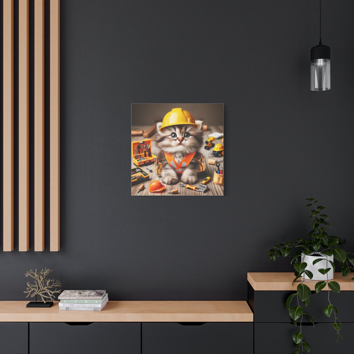 Cute Cat Construction Canvas Art - 12x12 Stretched Matte Wall Decor