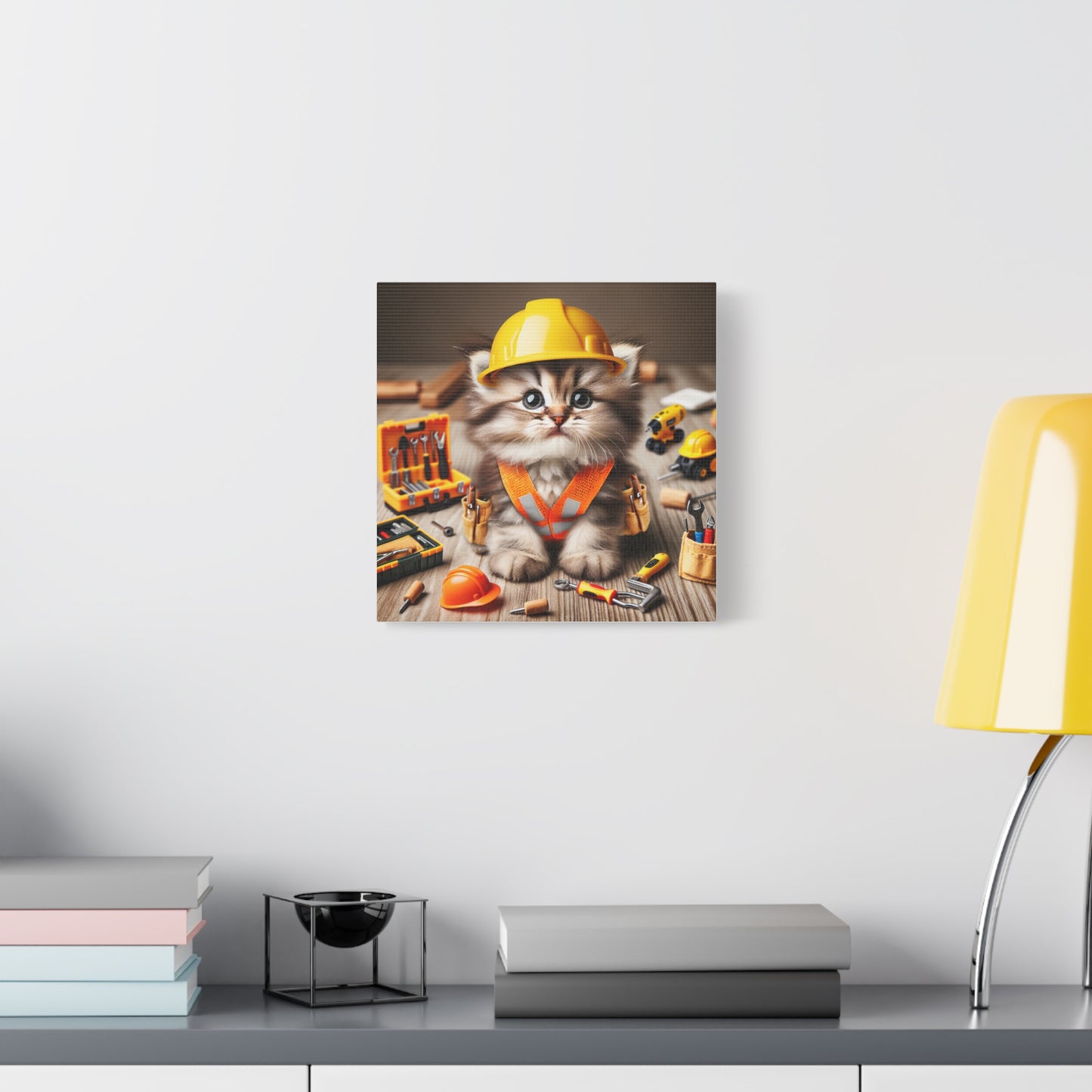 Cute Cat Construction Canvas Art - 12x12 Stretched Matte Wall Decor