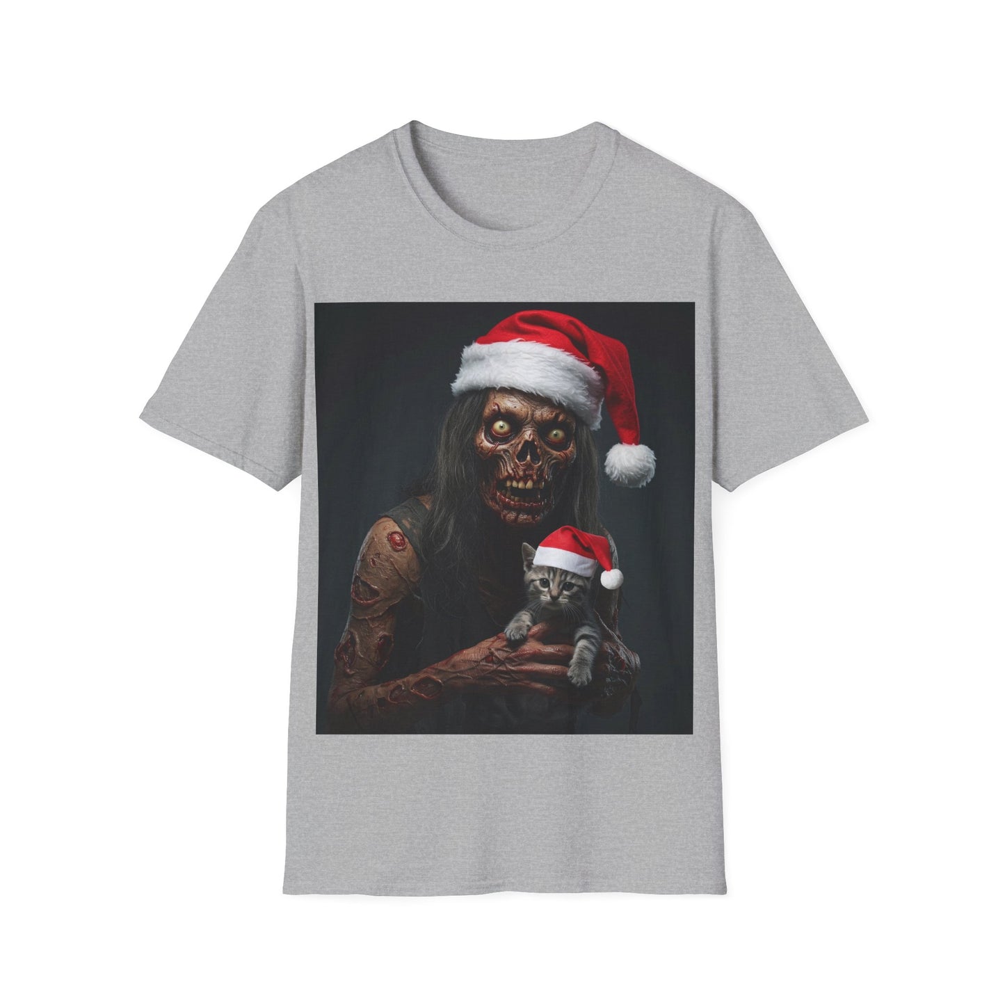 UK - Festive Zombie and Cat Apocalyptic Portrait Tee, bold, decaying zombie graphic