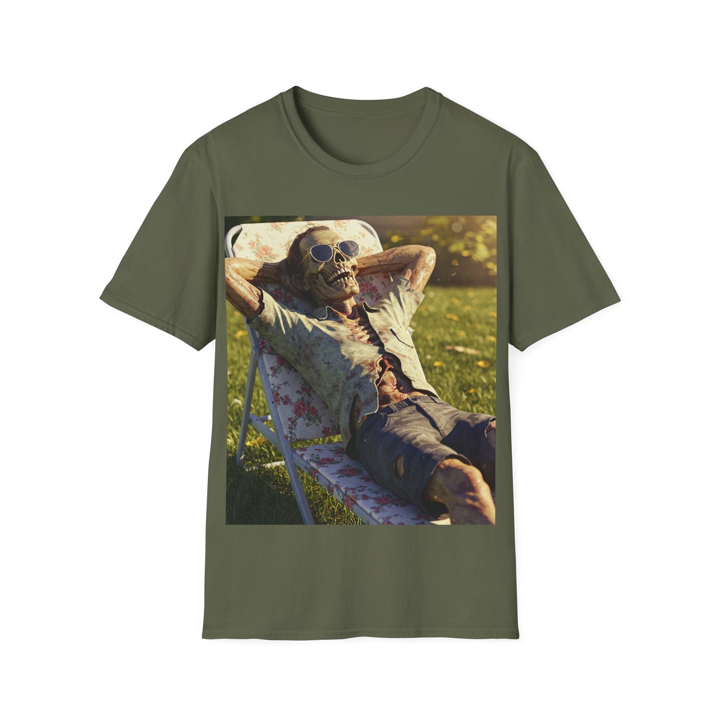 UK - Relaxing Skeleton Unisex Softstyle T-Shirt - Perfect for Halloween and Everyday Wear