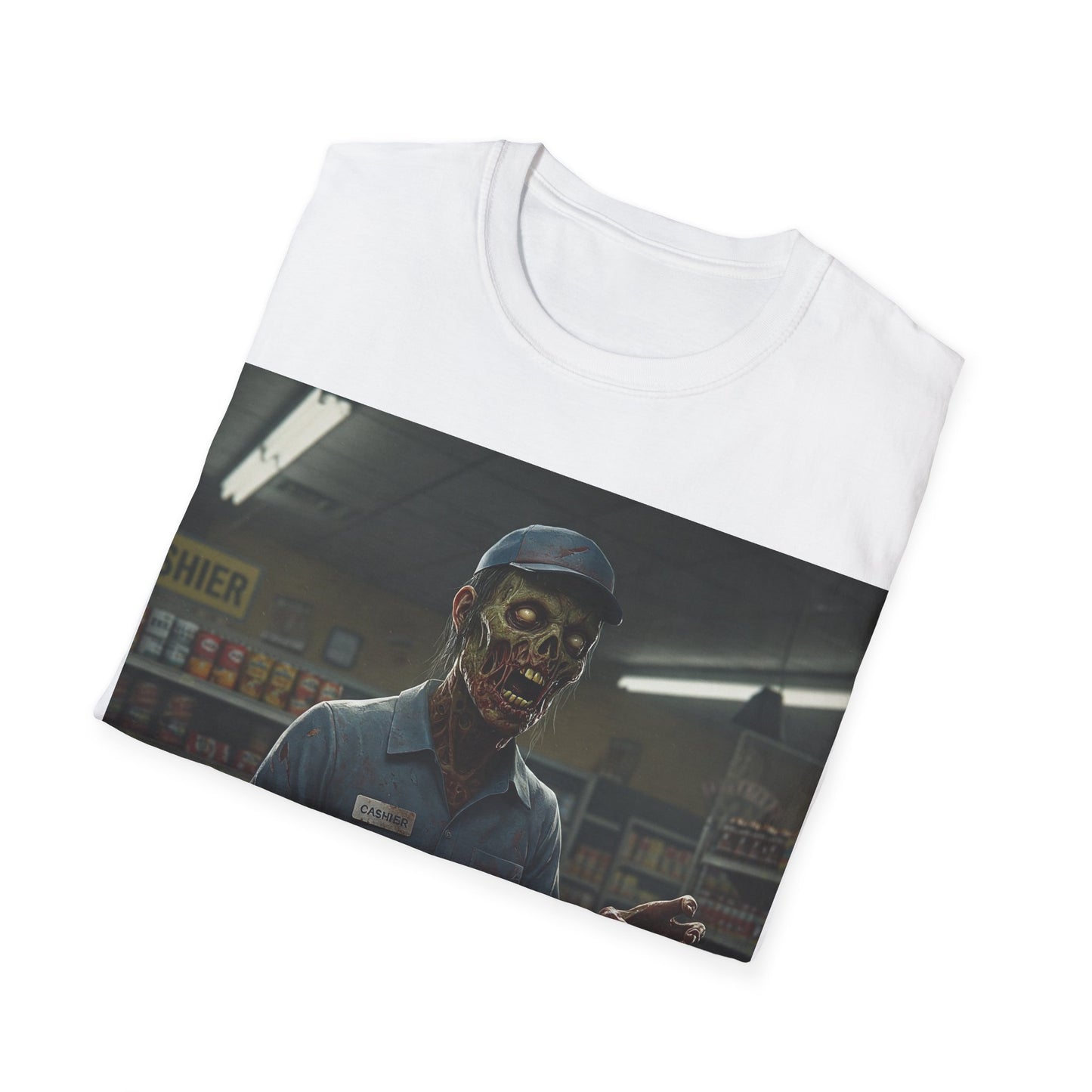 UK - Horror-Inspired Unisex Softstyle T-Shirt - Creepy Grocery Clerk Design