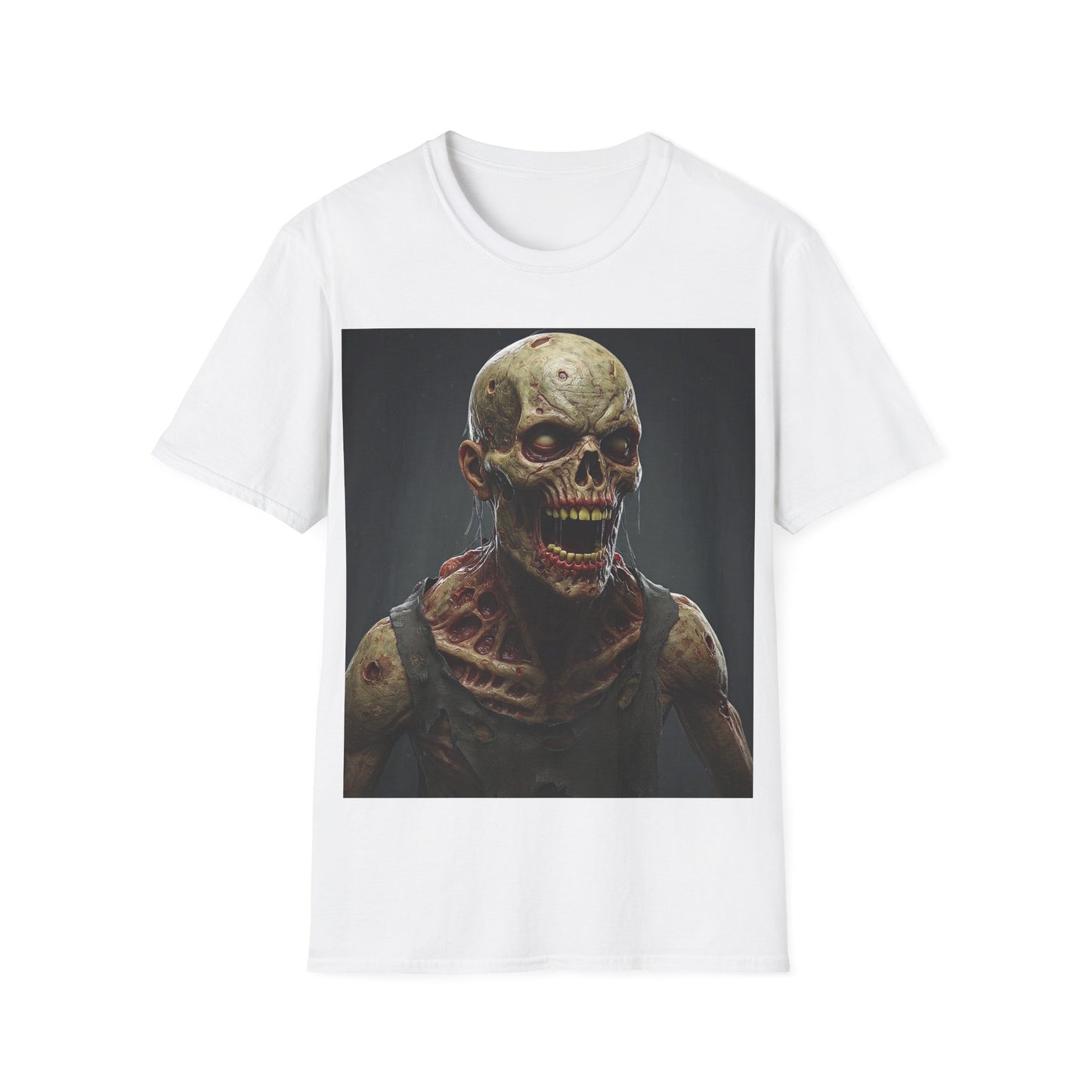 UK - Unisex Softstyle T-Shirt with Creepy Zombie Graphic - Perfect for Halloween and Horror Fans