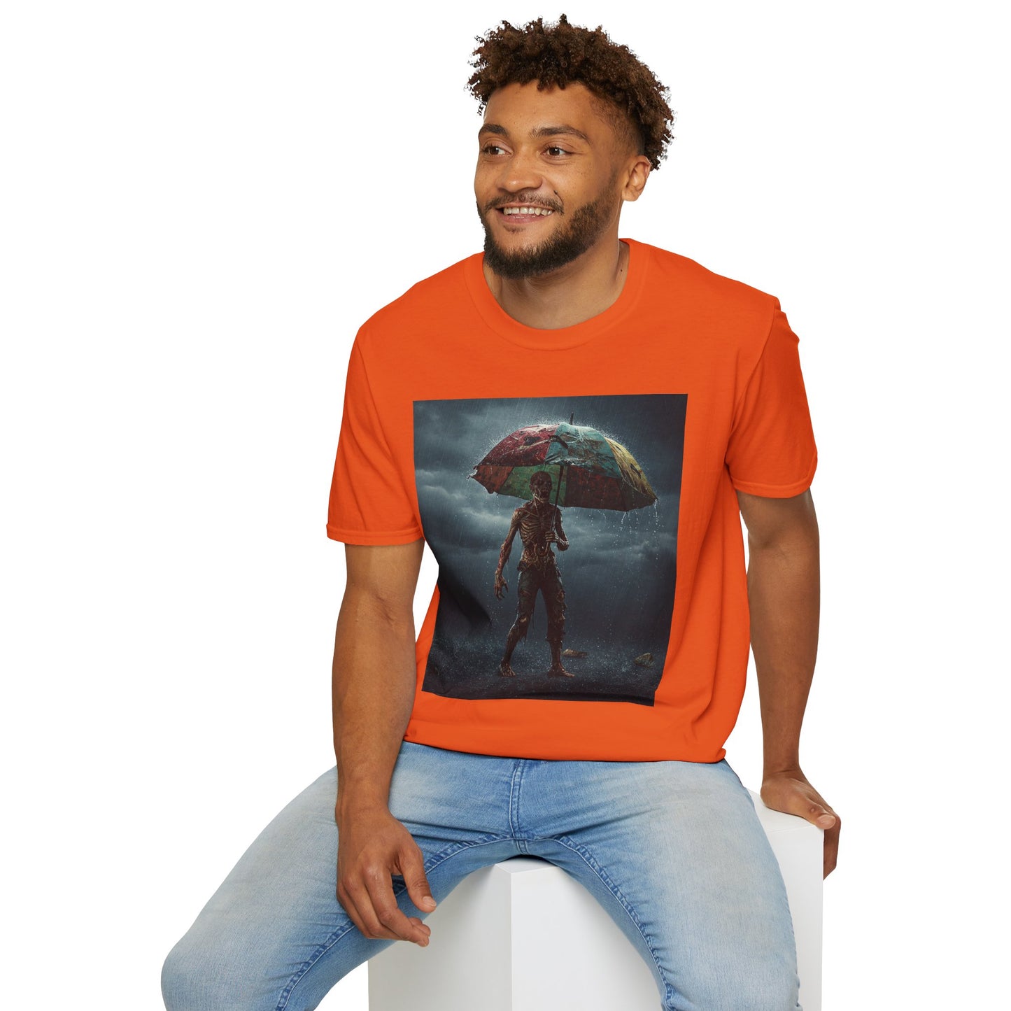 Unisex Softstyle T-Shirt - Creepy Skeleton with Umbrella Design - Perfect for Halloween