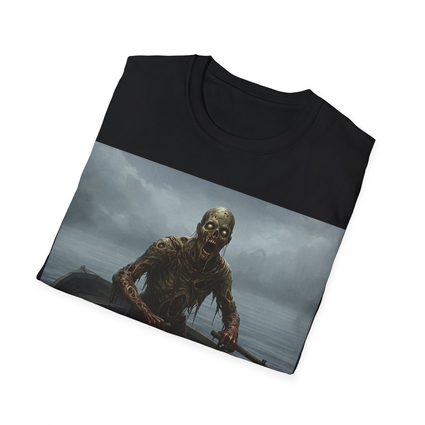 UK - Zombie Rowboat Unisex Softstyle T-Shirt - Spooky Graphic Tee for Halloween Fans