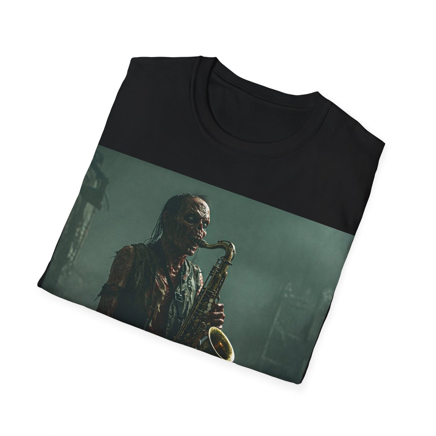 UK - Zombie Jazz Musician Apocalyptic Portrait Tee, bold, decaying zombie graphic