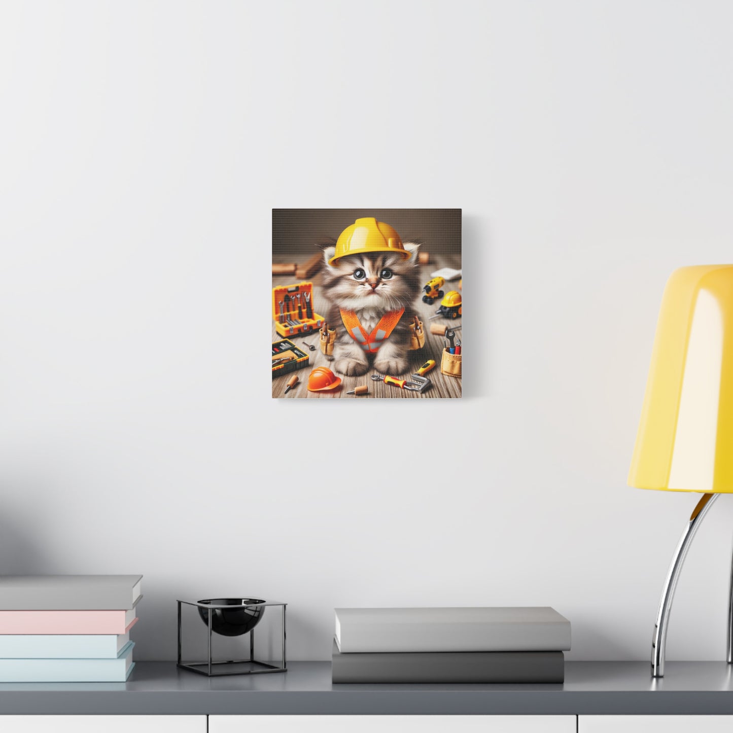 Cute Cat Construction Canvas Art - 12x12 Stretched Matte Wall Decor