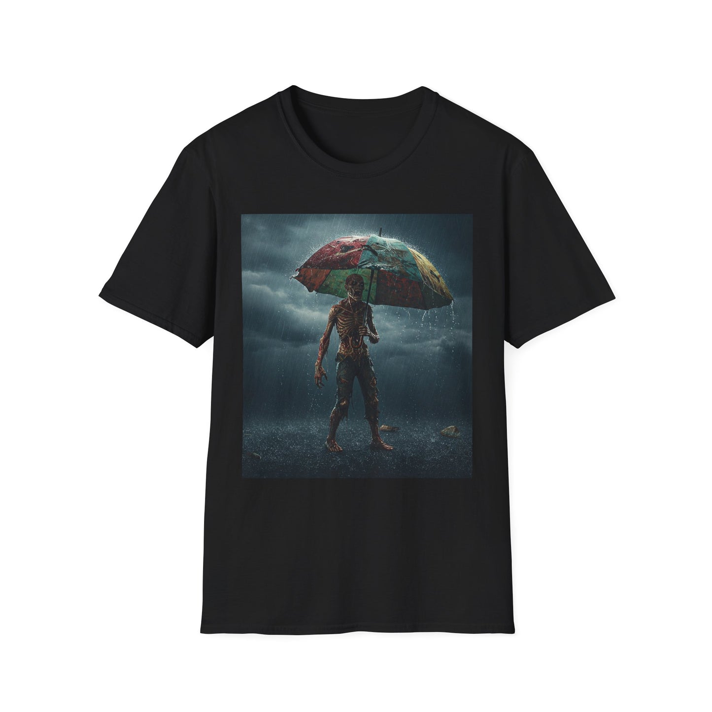 Unisex Softstyle T-Shirt - Creepy Skeleton with Umbrella Design - Perfect for Halloween