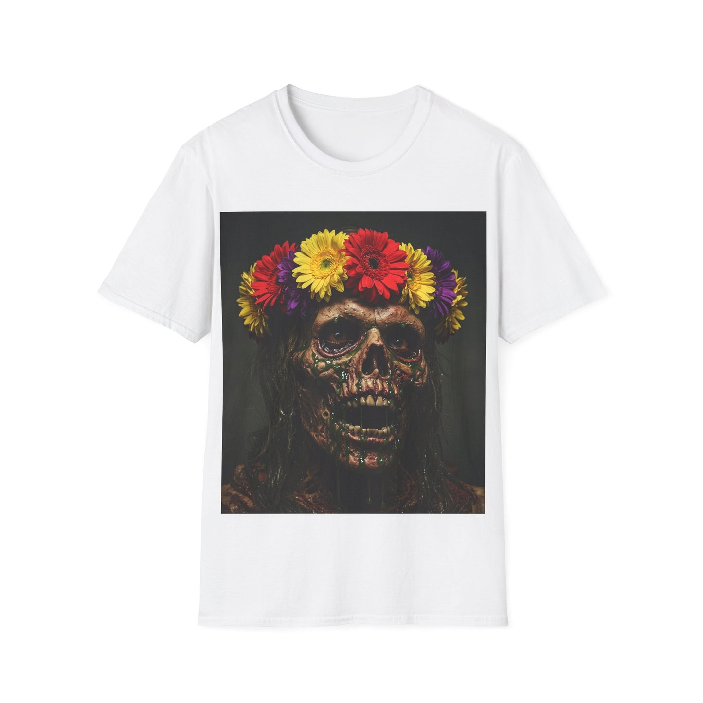 UK - Day of the Dead Floral Skull Apocalyptic Portrait Tee, bold, decaying zombie graphic