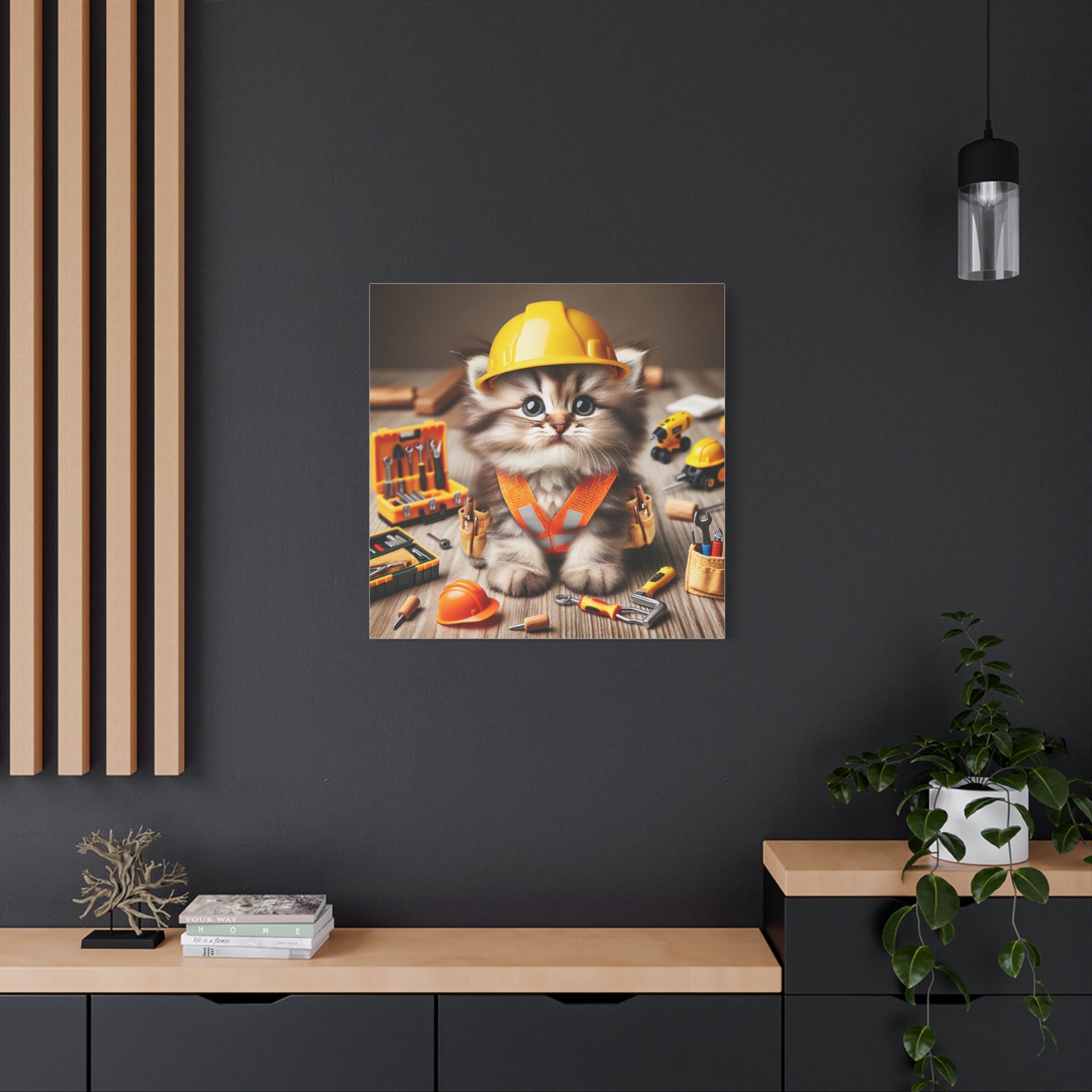 Cute Cat Construction Canvas Art - 12x12 Stretched Matte Wall Decor