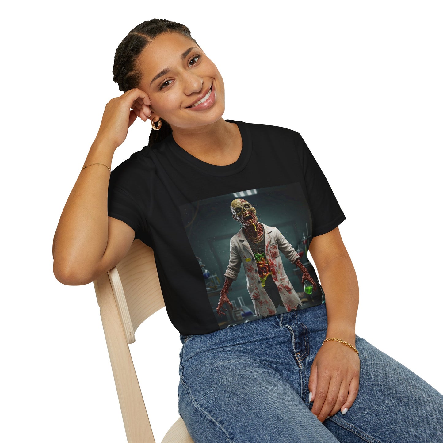 Zombie Scientist Unisex Softstyle T-Shirt - Perfect for Halloween and Horror Fans