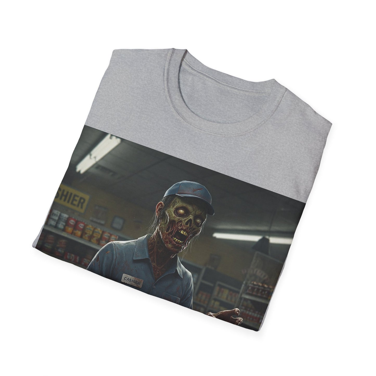 UK - Horror-Inspired Unisex Softstyle T-Shirt - Creepy Grocery Clerk Design