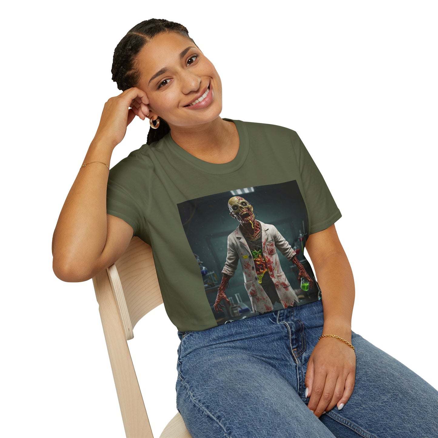 Zombie Scientist Unisex Softstyle T-Shirt - Perfect for Halloween and Horror Fans