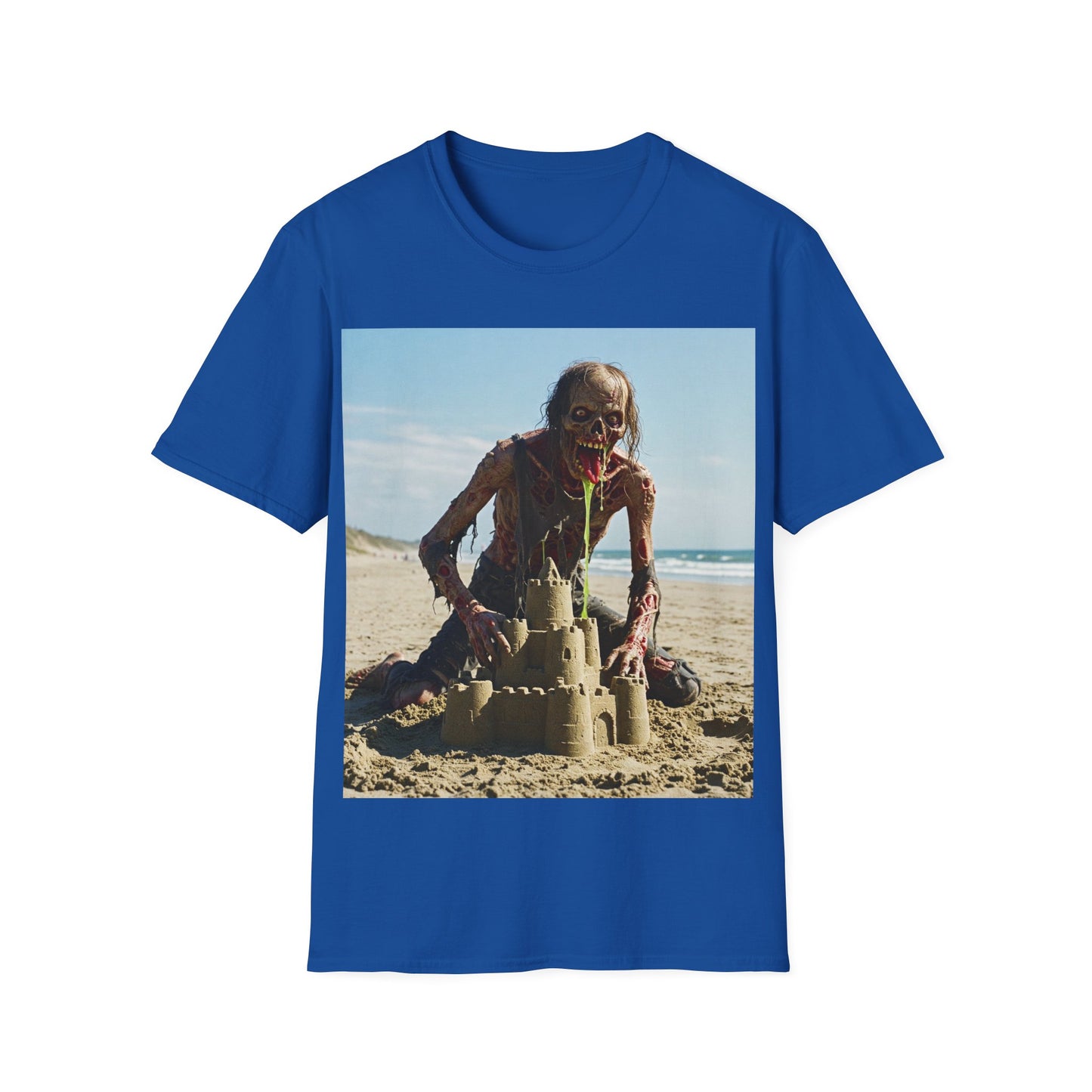 UK - Zombie Sandcastle Unisex Softstyle T-Shirt | Fun Beach Horror Tee