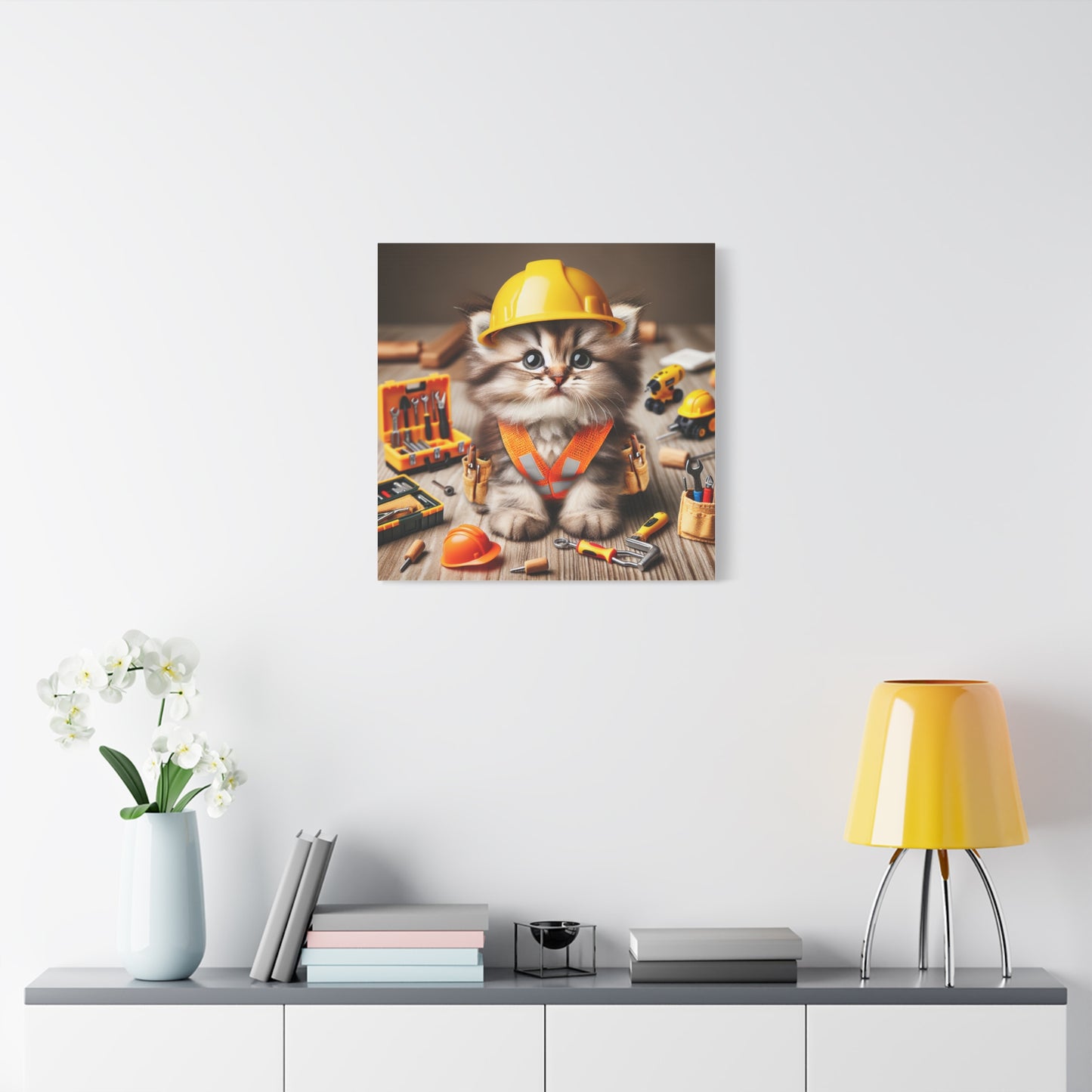 Cute Cat Construction Canvas Art - 12x12 Stretched Matte Wall Decor