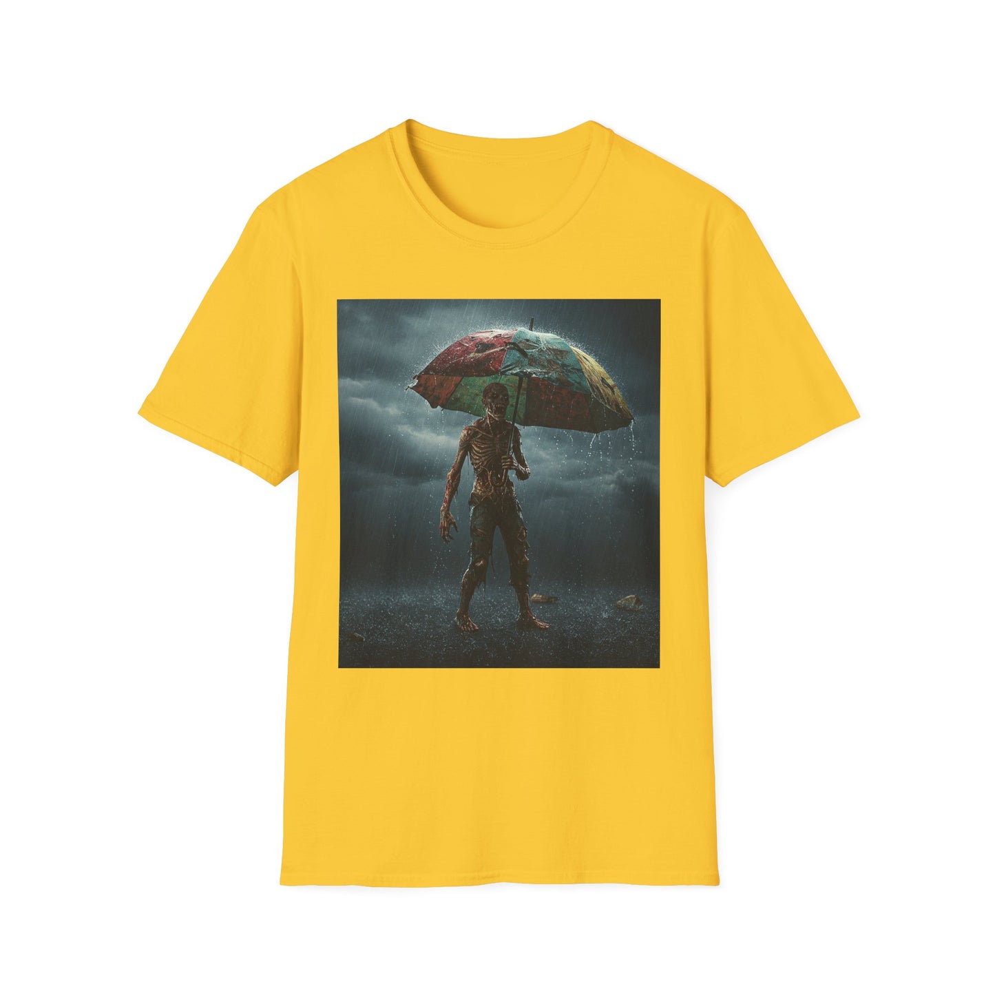 Unisex Softstyle T-Shirt - Creepy Skeleton with Umbrella Design - Perfect for Halloween